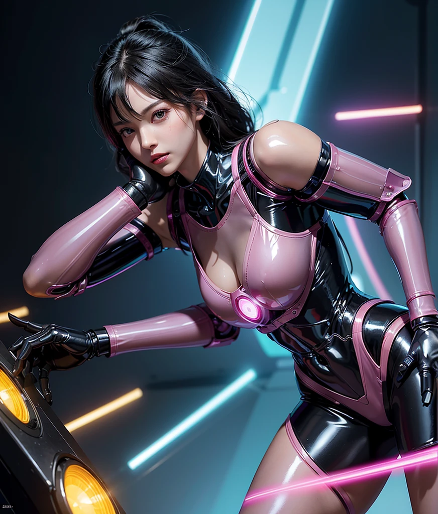 Full body like,(((Perfect girl portrait shoot))), ((Extremely long curly fluorescent cyberpunk hair)), Best image quality, Masterpiece, Super high resolution, (Fidelity:1.4), Photo, (((1 girl))) Dim, Darkness, Movie, (Translucent futuristic black clothing and costumes:1.5), (Translucent clothes:1.4), ((Cyberpunk)), cyber outfit, ((robot)), Apocalypse, Futuristic, (((Oversized hanging breasts))), ((Perfect and distinct facial features)), ((Portrait)), (((dynamic shot))), ((Perfect body)), ((Award-winning ultra-realistic photos)), (((Extremely tight reflective translucent latex))), Pastel textured colored background, Colourful, vibrant, ((Gorgeous perfect color reflective eyes)), (Spherical flying robot)), ((Soap and bubbles))Top quality, Masterpiece, 超高分辨率, (Photorealistic: 1.4), RAW photo, 1 Cyberpunk Girl, Glossy glossy skin, 1 mechanical girl, (hyper realistic detailed)), (((Full body shot))), Global illumination, Contrast, Shadows, Octane rendering, 8K, ultrasharp, raw skin, metal, Intricate Ornament Details, Japan Details, very complex details, Realistic light, CGSoation trend, Facing the camera, neon light detail, Mechanical limbs, Blood vessels connected to the tube, Mechanical vertebrae attached to the back, mechanical cervical attachment to the neck, wires and cables connecting to head, gundam, Small LED lamps.(RAW photo:1.2),camel-toe,Pink latex jumpsuit,Hollow-out on,Holt collar, latex shiny,tight-fitting,sweat leggs,White liquid, Pink body, wearing atsuko kudo latex outfit, wearing tight suit, Smooth pink skin, catsuits, Wearing latex, shiny plastic, shiny metallic glossy skin, The color of pink glow, latex outfit, chrome bodysuit, cyberpunk glossy latex suit, Shiny, futuristic glossy latex suit,spread their legs,M-shaped legs,angry look,sullenness,Irritated,white liquid all over body,Full body like,