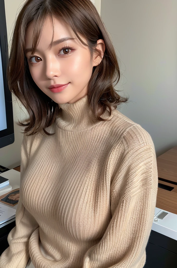 masutepiece, Best Quality, Illustration, Ultra-detailed, finely detail, hight resolution, 8K Wallpaper, Perfect dynamic composition, Beautiful detailed eyes, Long sleeve knit with shoulder extension,Bob Hair, mid-chest, Natural Color Lip, Random and sexy poses,Smile,20 years girl,Colossal tits,cafes,Coffee,Emphasis on the chest