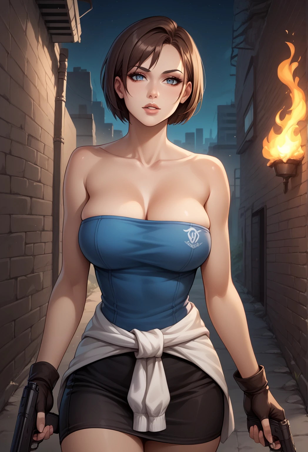 masterpiece, best quality, high quality, absurdres, illustration, film grain, chromatic aberration, dramatic lighting, (high resolution, masterpiece, ultra best quality, insanely amazing hyper fine extremely detailed, official:1.4),evil fall, corruption, resident evil, ((30yr old)), 1girls, jill valentine reimagined as a slutty horny evil milf dark & corrupted magical girl, mature_female, curvy, voluptuous, chubby, big breast, short hair, brown hair, hair_ornament, bow, jewelry, police uniforme, choker, collarbone, frills, blue dress, frilled_dress, black_gloves, skirt, boots, short hair, brown hair, spiral heart moon rod, holding_weapon, looking at viewer, full body, Full HD, 4K. magical girl art , magical girl style, magical girl illustration,