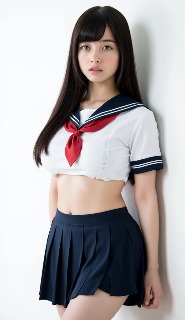 (highest quality, 8k, 32k, masterpiece, Hmph:1.2), (RAW Photos), (Realistic), (Realistic:1.2), (High resolution), Very detailedな, Very beautiful face and eyes, 1 girl,  Round and small face, big breasts and small waist、(((Small breasts)))、(((White wall background)))、Slim figure, (school uniform, Sailor suit、白いSailor suit, Dark blue pleated skirt:1.23), (Bust Shot)、(((Redhead)))、((short sleeve Sailor suit))、(close、highest quality、Attention to detail、Rich skin detail、Hmph)、(highest quality, 8k,  Tabletop:1.2), Very detailed, (Realistic, Realistic:1.37), (((Full Body Shot)))、Bright colors, (((Hand in hand)))、(((Sexy vibe)))、(((20-year-old woman)))、((Bust isＤcup))、(((Light brown hair)))、(((White Background)))、(((Cleavage)))、(((Girlish hairstyle)))、(((Long Hair)))、(((In front of a white wall)))、(((Light brown hair)))、(((I put my hand on my cheek)))、(((He has a wicked smile on his face)))、(((Chest circumference is 85 cm)))、(((Small breasts mischievous expression)))、Sailor suitコスプレ、Cinema Lighting、No underwear、Thick pubic hair、Full Body Shot