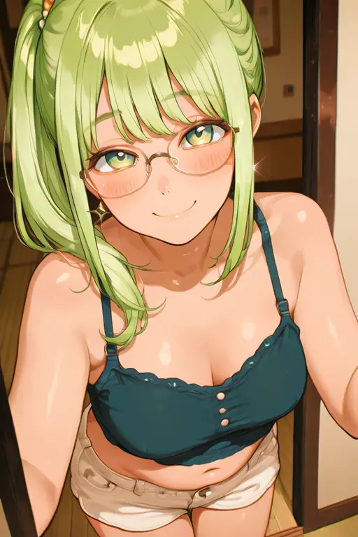 score_9,score_8_up,score_7_up,score_6_up,score_5_up,score_4_up BREAK skinny,choker, medium breasts, indoors ,shiny skin,bokeh,bloom,indoors,light particles, bedroom,1girl,Maki zenin, green hair, ponytail hair, glasses, yellow eyes, mature female, perfect model body, blush, black lingerie, seductive pose