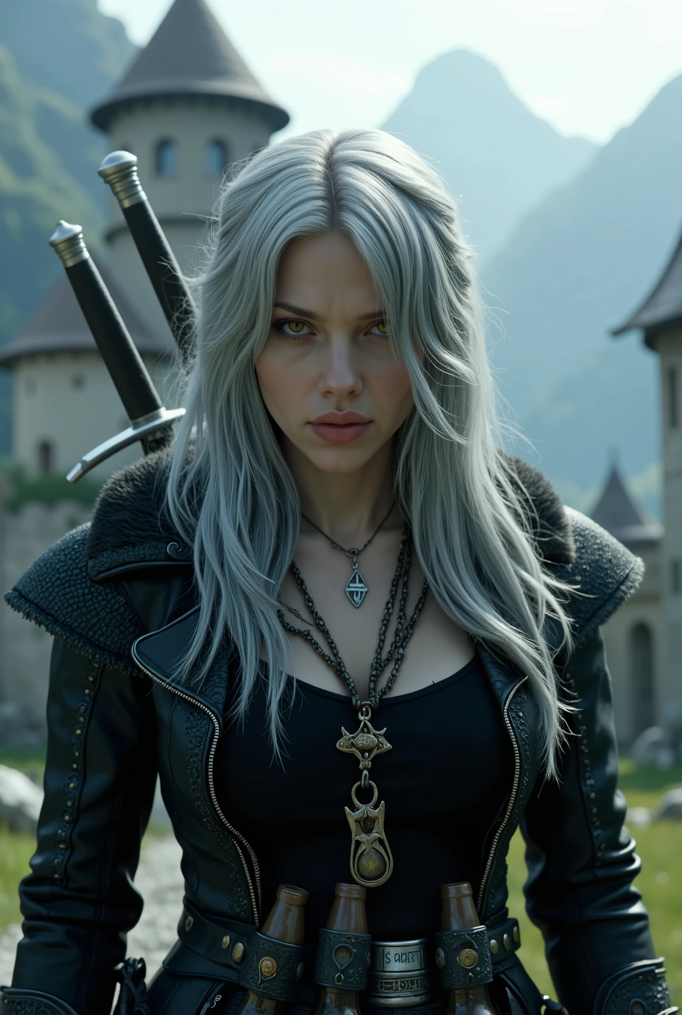 photo of the witcher from the series The Witcher (with Henry Cavimle) , ((but only the witcher is played by Scarlett Johansson)). (Scarlett Johansson as The Witcher) ,close-up,photo(still from the movie with Kaer Morhen Fortress in the background ) hyperrealism, ultra-high detail,focused gaze, the wolf amulet around her neck, photorealism,eyes glow orange(witcher eyes), Two swords behind her , Scarlett Johansson ,Silver hair,pale skin,bottles on the belt, behind the Kaer Morhen fortress on the mountain,photorealism,