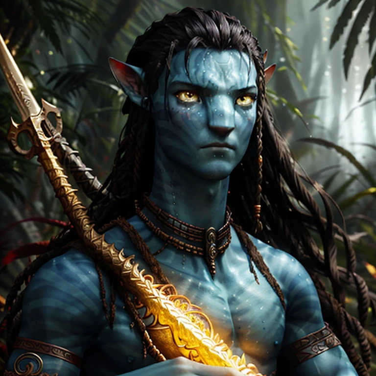 ((Best quality)), ((masterpiece)), (detailed), ((perfect face)), ((halfbody)) handsome face, male, blue oceanic Na'vi perfect proportions , a male version character Avatar: The way of water, long black braided hair with shell accessories, male version, stern masculine face clean shaven, detailed sea background, detailed oceanic scenery, long loincloth, detailed abs, thick body, perfect face, wears a necklace made from sharp, jagged seashells and coral, upper arms and legs are wrapped in leather straps adorned with shark teeth and other marine trophies. Loincloth made from tough, reinforced sea creature hide. Turquoise skin with dark blue tiger stripes all over his body