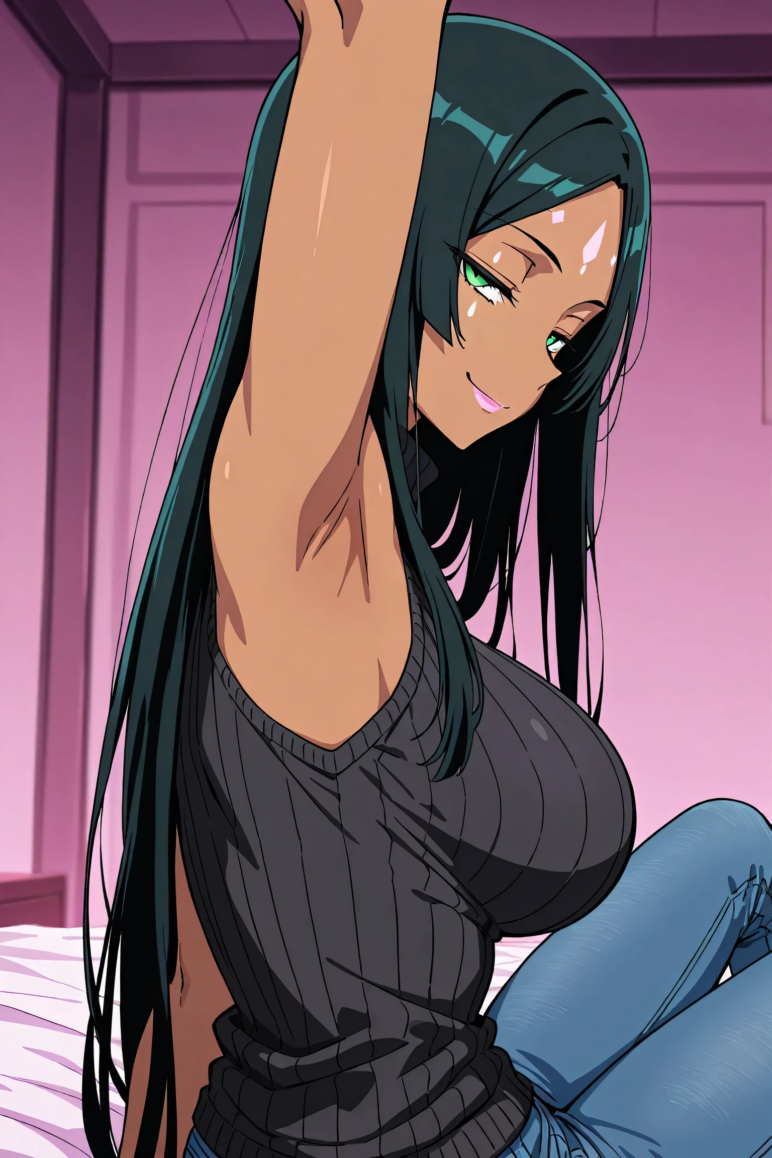 <lora:kzseraphim-nvwls-v1:0.8> kzSeraphim, ponytail, yellow shirt, large breasts, midriff, belt, jeans, demin shorts, sitting on a bed, crossed legs, <lora:mouth_hold:1>, (mouth_hold), (clothes lift), lifted by self, (bare breasts:1.3), (masterpiece:1.2), (highest quality), highres, (extremely detailed), nsfw, sexy, erotic