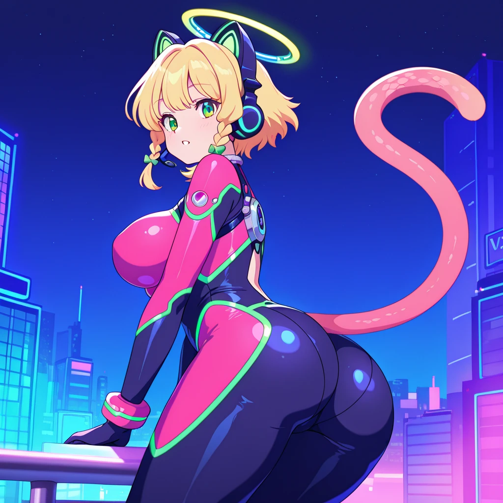 (perfect body),highest quality,16k、SF、Mating Press、Anime Screen Capture、l○wの長さ、(((((small breasts)))))、(thick thighs)、thick waist、(pink hair)、(((wavy hair)))、Ahhhh、(Valletta)、 (((short hair)))、(dripping sweat)、:d、(((show teeth)))、(((blush)))、(wide hips)、Yellow goggles、pink scarf、pink scarf、((orange eyes))、(((white sci-fi suit、White Cat Mimi)))、big ass、put your hand on your waist、(city)、headset、Chibi、