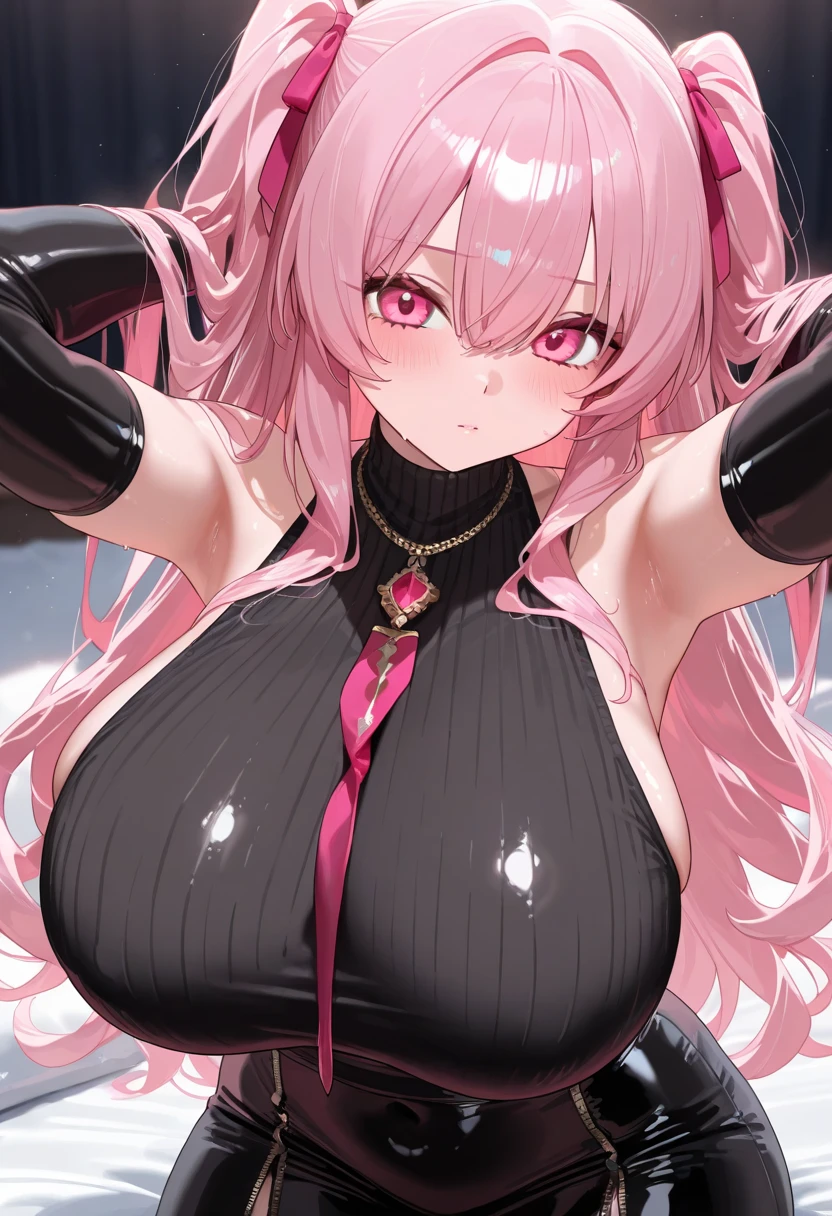 1 girl, game CG, see-through sideboob black leotard, cleavage visible, navel visible, short skirt, devil horn hairband, hair ribbon, gigantic breasts, pink hair, long hair, twintails, princess hairstyle, ahoge, pink eyes, embarrassed, sitting,