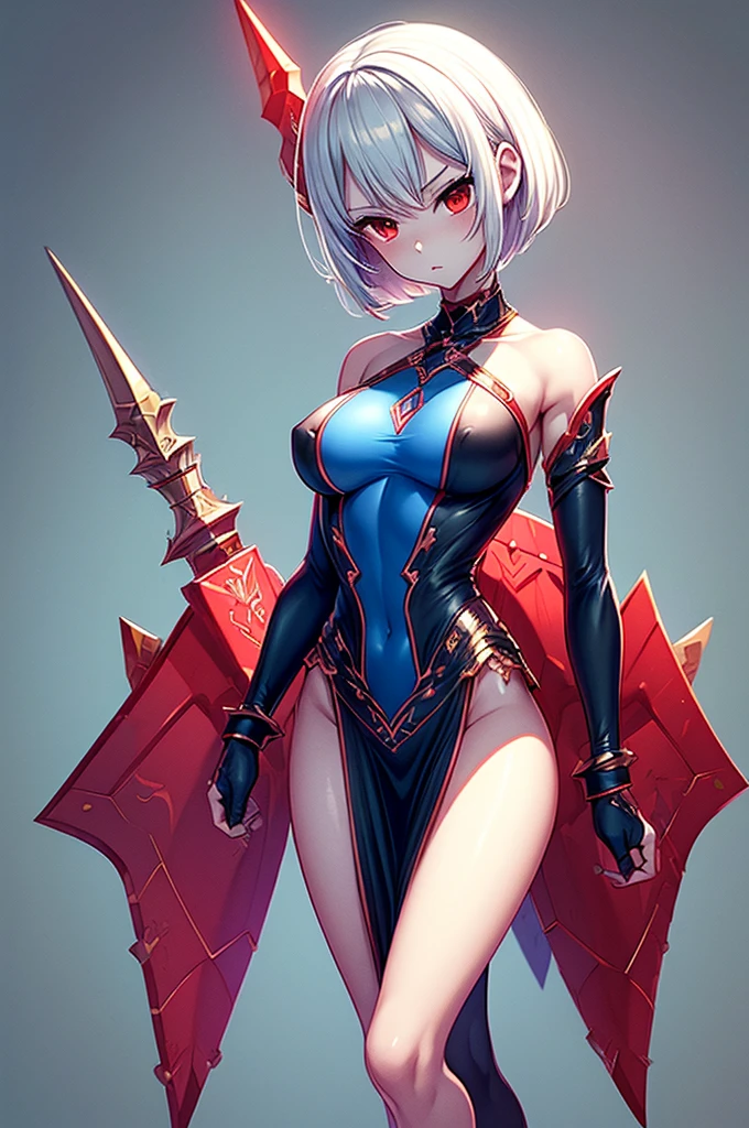 (4k quality), sexy and thin elf, torn clothes, detailed short white hair, detailed red eyes, best quality, expressive eyes, perfect face, with a magic wand