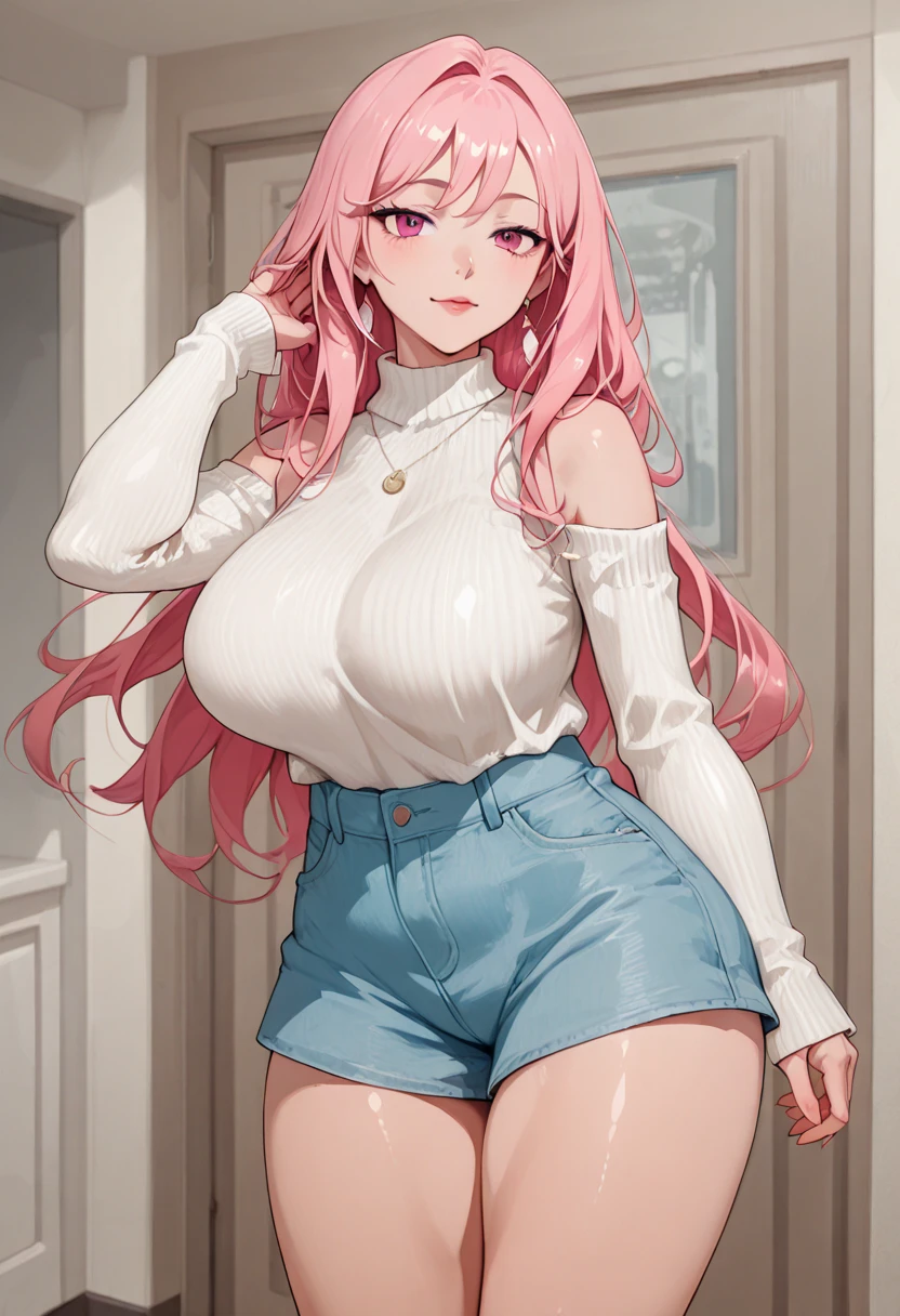 cute girl, super long hair, pink hair, big hair, thick hair, big breasts, big butt, hourglass body, emphasis on hair, emphasis on eyes, emphasis on face, blush, smile,