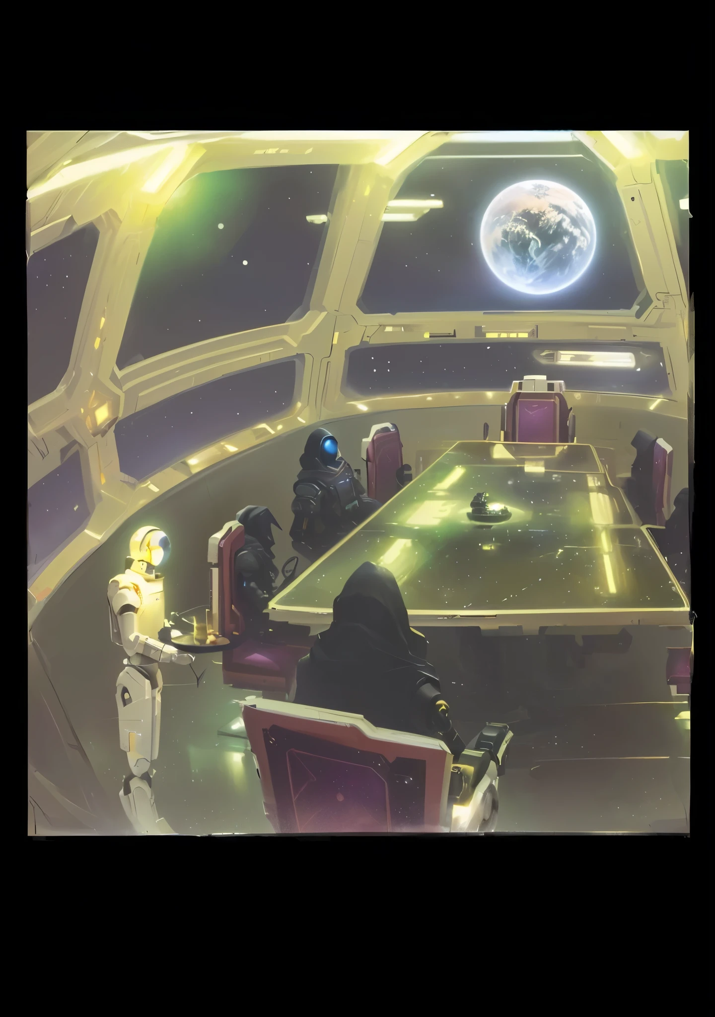 concept painting of dark figures sitting at a table in a spaceship, gothic sci-fi, grand table with ornate chairs, looking out at a planet in space, depicted as a scifi scene, with a robot waiter and serving tray, archillect concept art, grim yet sparkling solarpunk atmosphere, sci - fi scene, in a spaceship, detailed concept illustration