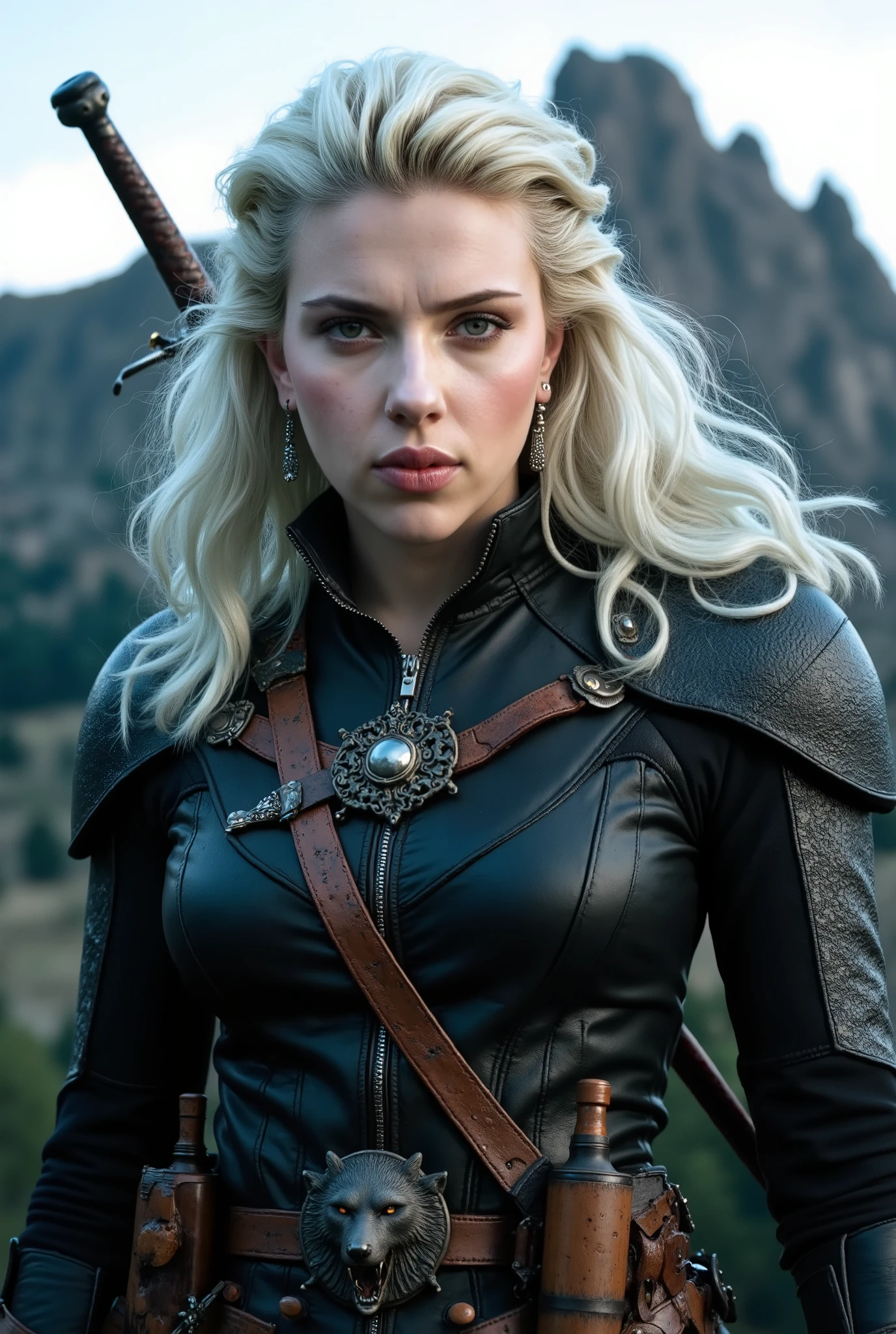 photo of the witcher from the series The Witcher (with Henry Cavimle) , ((but only the witcher is played by Scarlett Johansson)). (Scarlett Johansson as The Witcher) ,close-up,photo(still from the movie with Kaer Morhen Fortress in the background ) hyperrealism, ultra-high detail,focused gaze, the wolf amulet around her neck, photorealism,eyes glow orange(witcher eyes),  Two swords behind her , Scarlett Johansson ,Silver hair,pale skin,bottles on the belt, behind the Kaer Morhen fortress on the mountain,photorealism,dressed in light witcher armor, 