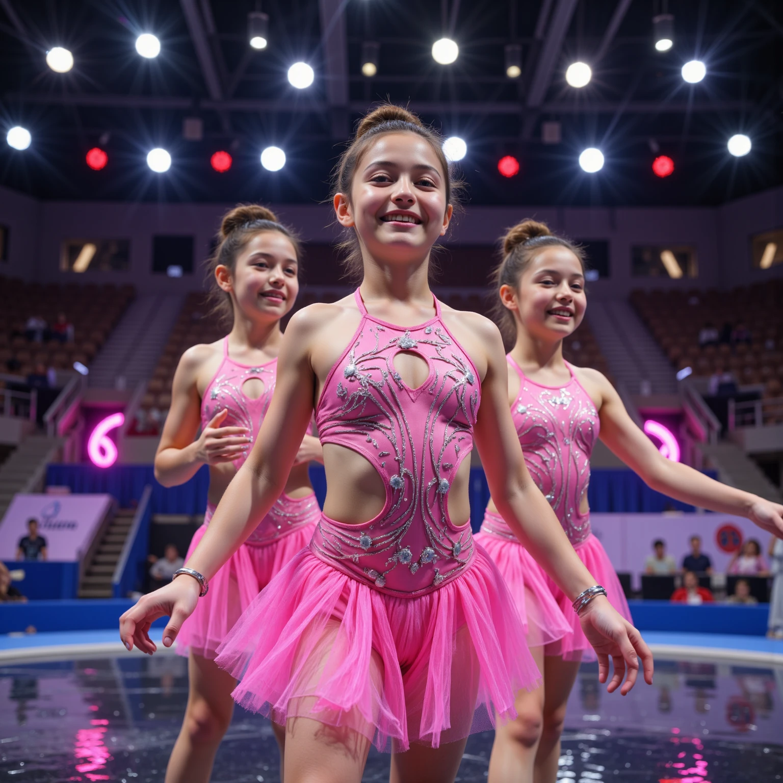 SFW, ExtremelyDetailed (((Rhythmic Gymnastics Kids Team in a row:1.4))), Childish perfect face, Reflective Eyes, Detailed(Delicate Clothing textures), Corrected Leg to Foot Line, Corrected Perfect Hand, Dynamic Joyful Expressions LifeLike Rendering, ((Specular Reflection:1.11)), mirrors, TopQuality 8K Ultra-detailed masterpiece (ProfessionalPhoto:1.37)(Acutance:0.8),(Luminism:1.22),