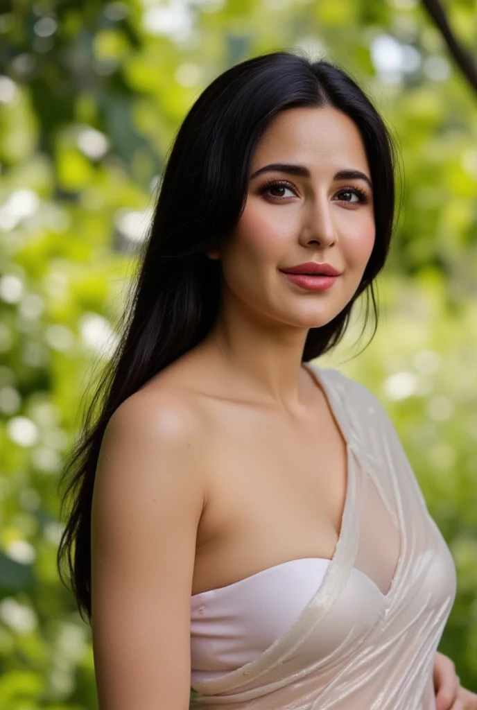 8k, RAW photography, portrait, Best quality, Ultra HD, Photorealistic, 1 girl, 23 year old beauty, Eyes down, Staring at me, mouth closed, Upscale from face to chest, Earrings, White sleeveless, Plump, Smile, Eyelashes, Beautiful breasts, Outdoor bright daytime, Movie lighting, Depth of field, Lens flare
