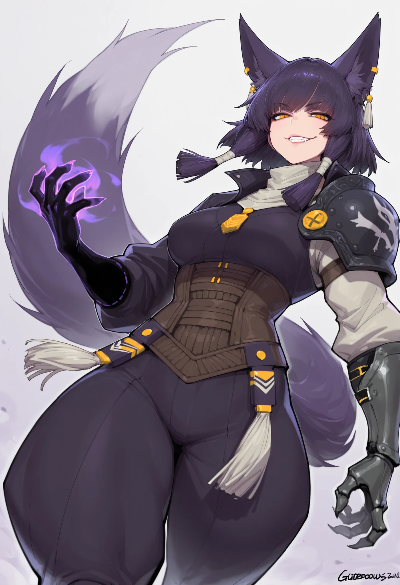 Daraku, Alone, 1girl, glasses, green eyes, solo, jacket, bodysuit, orange tie, long hair, gloves, smile, best quality, masterpiece, sexy body, leather trouser, heels boots, Detail, standing