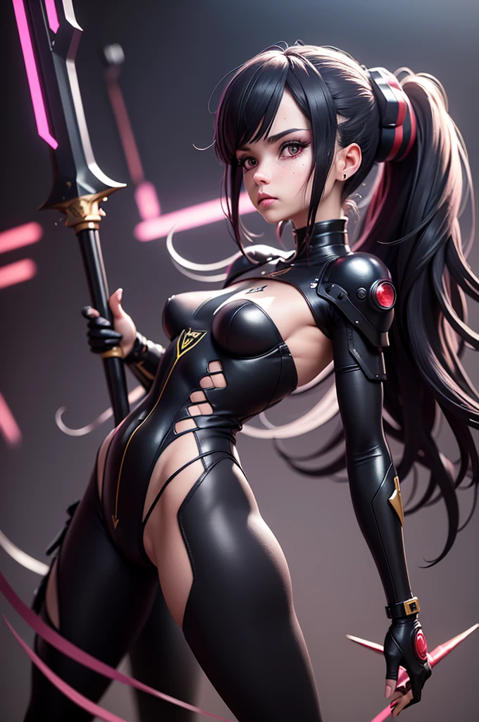 Generate a high quality realistic 3D image of a beautiful 18 year old girl character, (dark skin: 1.2) using advanced rendering and modeling techniques. (16k resolution: 1.2). The girl is half naked in lace clothes and (intricate mystical legendary warrior armor: 1.2), her hair is a black afro with colored highlights, her skin must be ultra detailed with visible pores, her body with proportional curves and a heart-shaped ass , small and hard breasts, your face is symmetrical and ultra detailed, your eyes must be large and rich in color and shine, Use the following software for creation: 3DS Max, SketchUp, SolidWorks, AutoCAD, Blender, Vectary, MeshMixer and Unreal Engine 5. Apply photon mapping, radiosity and physical rendering techniques with automatic white balance for realistic lighting, (Ray tracing: 1.2). Create a cinematic lighting setup with a slightly heightened twilight effect. Make sure the final image has a soft focus effect but remains ultra-detailed and realistic. Artwork should not be based on a specific photograph. Evoke a sense of technology and high-quality craftsmanship, reminiscent of a masterpiece of illustration and CG art. Include elements of unity, wallpaper and official art in the composition. It presents fine details, extreme delicacy and beauty, with sharp focus and a high level of detail. Render woman's hair with detailed bangs. (Render the final image with a background that should be a simple, dark gradient background: 1.2). Do not include watermarks or text overlays in the generated image.