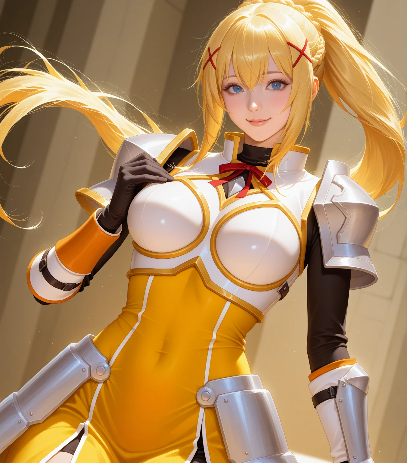 best quality, highres, 1girl, long hair, blonde hair, x hair ornament, armor, blue eyes, ponytail, hair ornament, gloves, shoulder armor, braid, black gloves, pauldrons, white boots, darkness \(konosuba\), large breasts, <lora:darkness (konosuba)_v1:0.6>, cowboy shot,