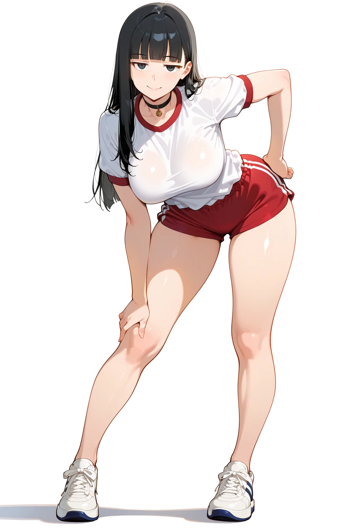 1 girl,face,gym_uniform,White,White shirt,masterpiece, best quality, very aesthetic, absurdres,breasts,tight skin,(impossible shirt),(impossible),buruma,