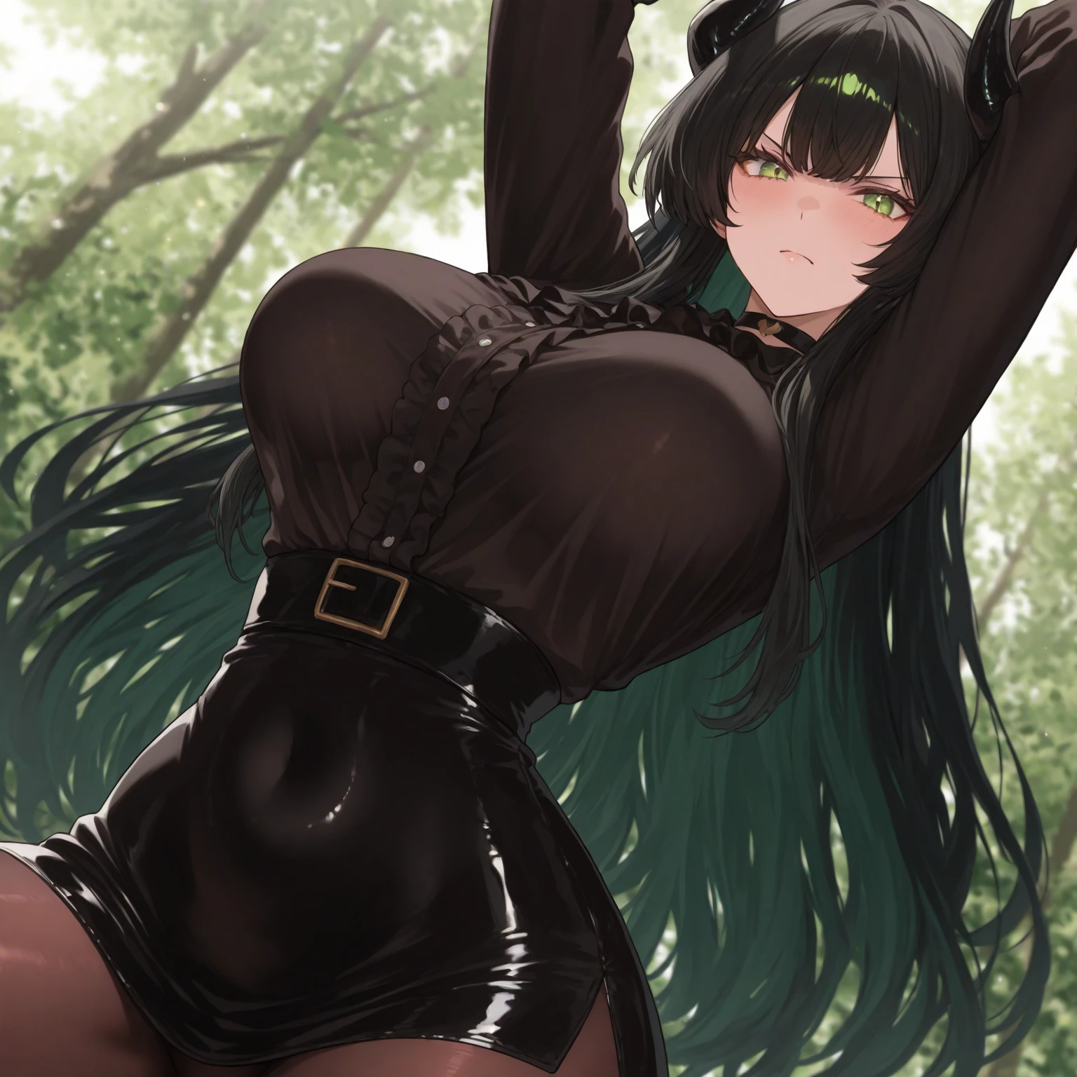 1 demon girl, mouth, lips, smiling, (perfect eyes), (details in the eyes), upper part of the body, single focus, seductive beauty, big hair, highlights, bangs, (lighting effects in the hair), (details in the hair), devilish costume, seductive expression, seductive aura, ambient lighting, thick legs, thick thighs, background scenery, background full of plants, green climate, green environment, (plants in the corners), beautiful day, (body getting wet), Intricate details, enhanced lighting.