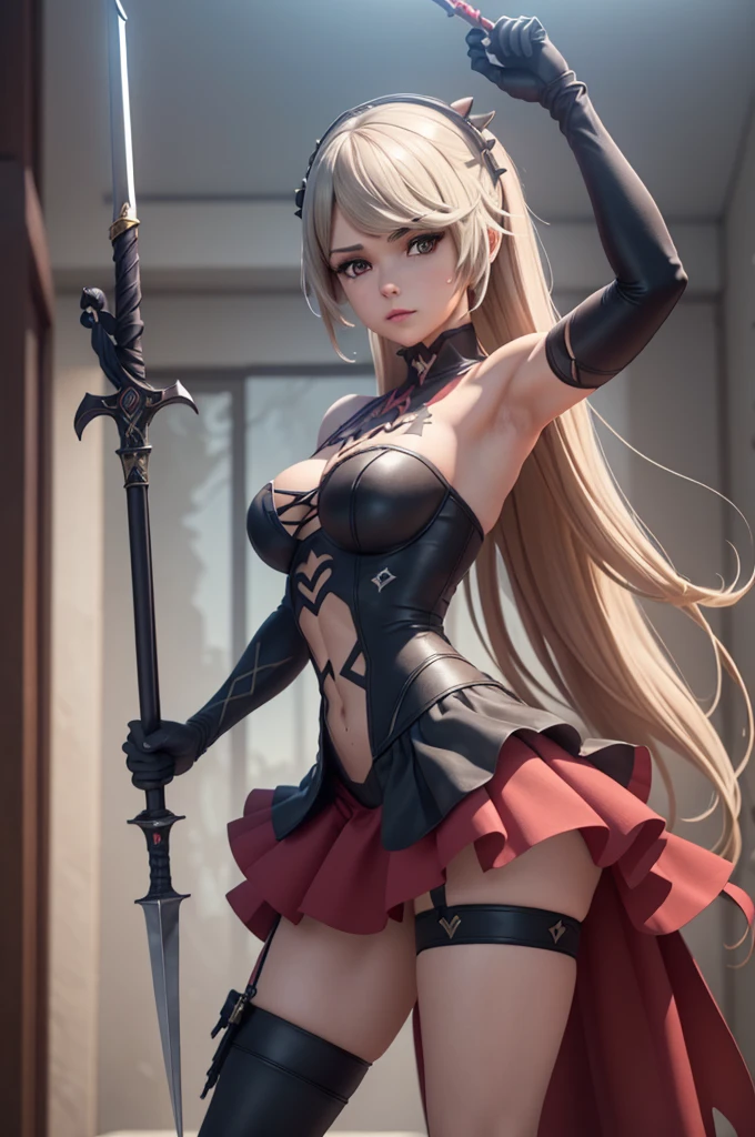 ((best quality)), ((masterpiece)), (detailed), 1girl, NSFW, small breasts, prominent collarbones, skinny arms, flat stomach, visible hip bones, long hair, red hair, white hair, blonde hair, dark hair, ponytail, thick ponytail, heavy ponytail, red and white clothing, Bloodborne inspired, occult aesthetic, occult, detailed and intricate steampunk and detailed gothic, NSFW Fluttering lace frilly petticoats, pleated petticoats