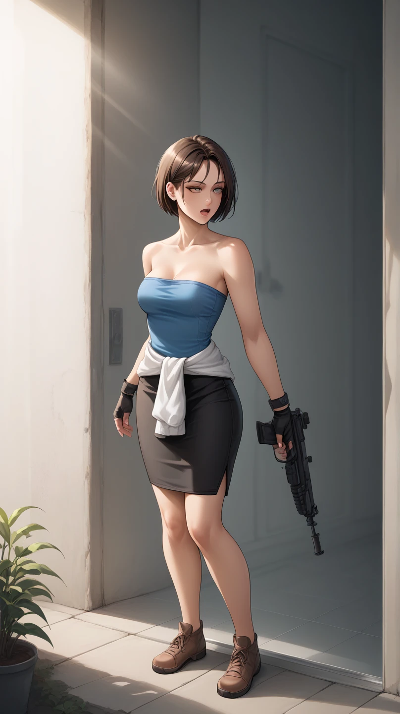 Zirle, Komi Shouko wearing a jill valentine cosplay, 1 girl, chest, arms, gun, skirt, cleavage, Clothing around the waist, blue eyes, fingerless gloves, gloves, short hair, zombie, blonde hair, clock, pencil skirt, sweater around waist, large chest, holding, wristclock, strapless, holding arms, miniskirt, holding gun, handgun, Tube top, black skirt, looking at the viewer, brown hair, lips, boots, focus only, sweater, monster, Are standing