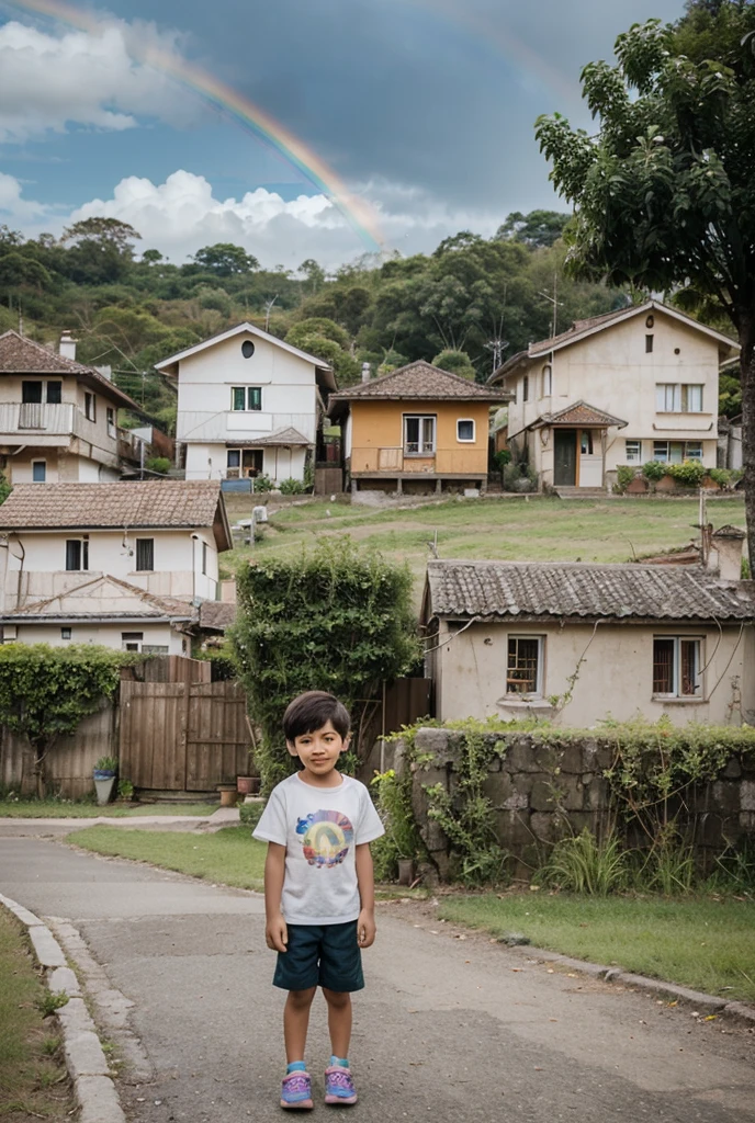 menino: Miguel, aproximadamente 5 anos de idade, cabelo curto estilo Disney, olhos castanhos e sorrisos. garota: Giovana, 2 anos, longos cabelos pretos e olhos azuis. scenecy: Miguel and Giovana are in a cozy little house in the valley, ao fundo um dia ensolarado, Destacando o Sol.