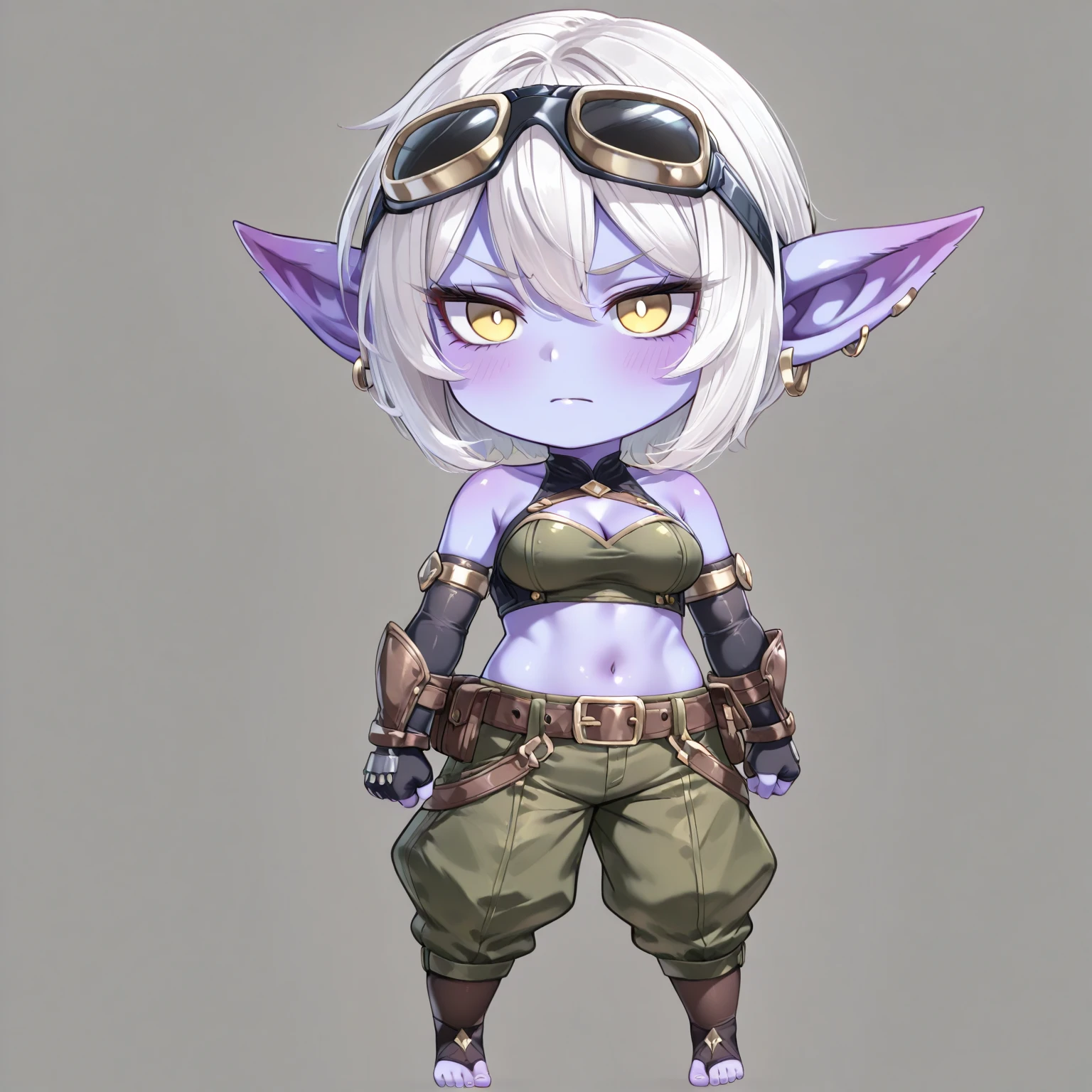 score_9, score_8_up, score_7_up, score_6_up BREAK <lora:Bullet_BB:0.8> bulletbb, white hair, dark skin, scar on face,jacket, belt, cutoffs, gauntlets,fingerless gloves,cleavage,boots <lora:chibi-nikke-richy-v1_pdxl:1> solo, chibi, standing, full body, orange eyes