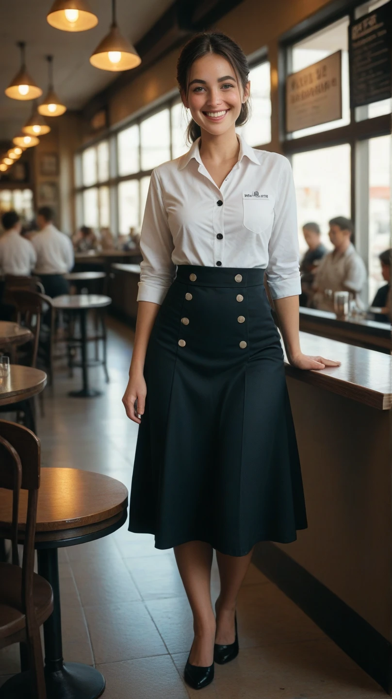 her name is Elle, high quality, 1girl, ((20-year-old fit Caucasian woman)),((large breasts)), ((20 years old)), ((fit)), ((pale skin)), medium length straight auburn hair , wearingRuched Front Satin Blouse + High-Waisted Asymmetrical Skirt, pose: sitting on a chair, background: Describe the cozy interior of a Parisian café, with its small round tables topped with checkered tablecloths, wrought iron chairs, vintage posters adorning the walls, and the aroma of freshly brewed coffee mingling with the scent of freshly baked croissants.