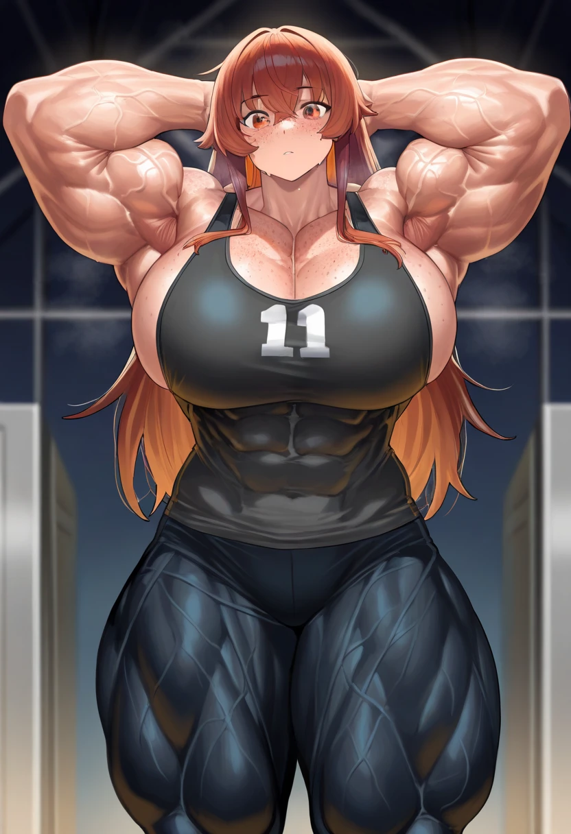 a muscular female bodybuilder in (( red bra inside (office suit) and her hair is (gradient of dark blue and red) from end to the right side of head)), detailed face, beautiful detailed eyes, beautiful detailed lips, ((extremely detailed face and muscles)), long eyelashes, strong muscles bulging through suit, dynamic pose, professional studio lighting, hyperrealistic, 8k, high quality, photorealistic, physically-based rendering, concept art, dramatic color palette,((abs)).