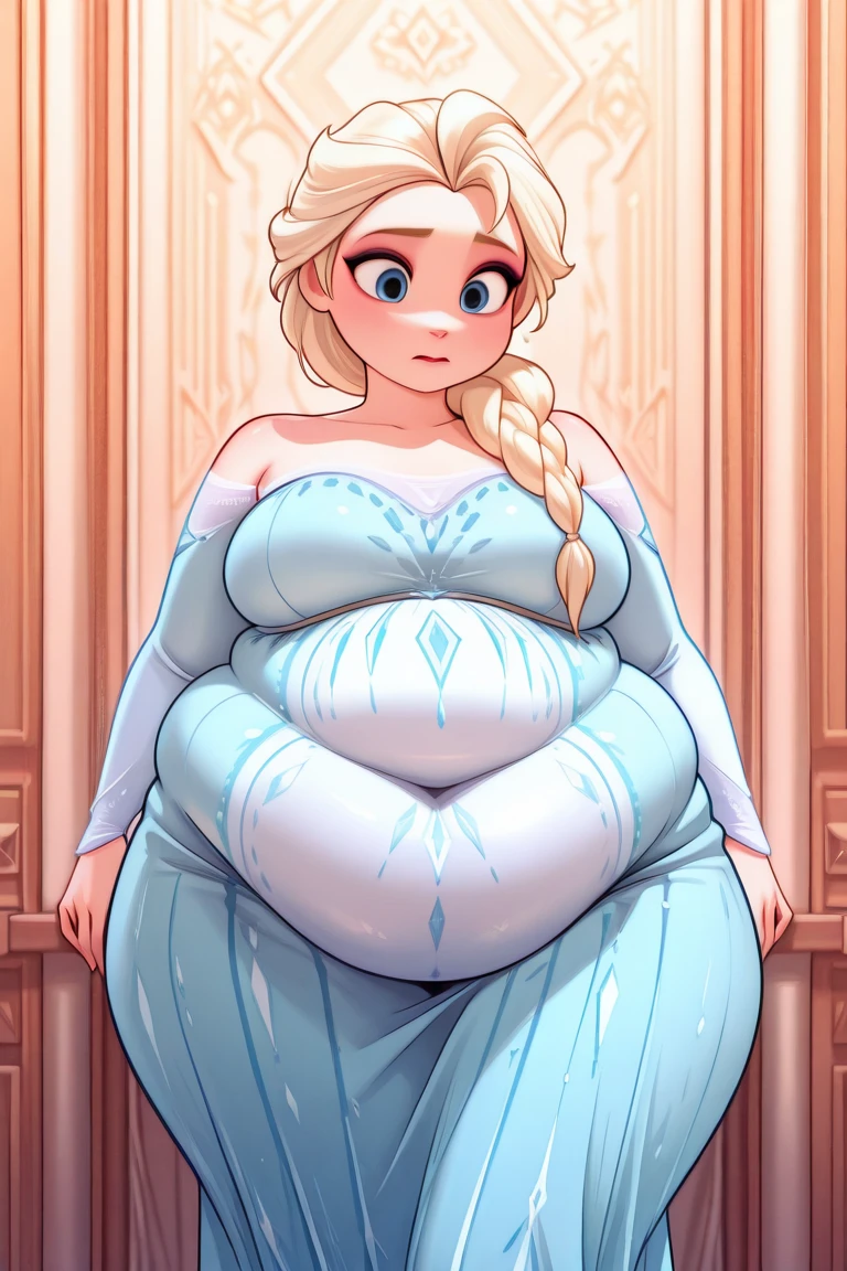 Fat pregnant elsa, eyeshadow, blushed, closed smile, big cheeks, swimwear, Big lips, double chin, chubby body,bbw, morbidly obese, fat rolls, pregnant belly, weight gain, dining hall,, eating meat, indulging , mouth wide open
