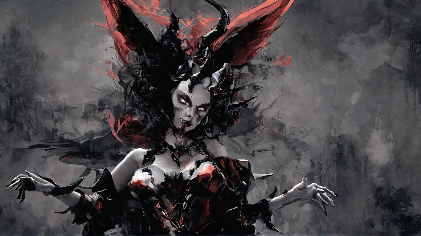 beautiful, masterpiece, Highest quality, Nicola Samori style, Elegant devil woman, Eerily abstract, Changing Textures, grayscale, Photorealism,  High resolution, Rage Style, Drawn in black and red charcoal on parchment