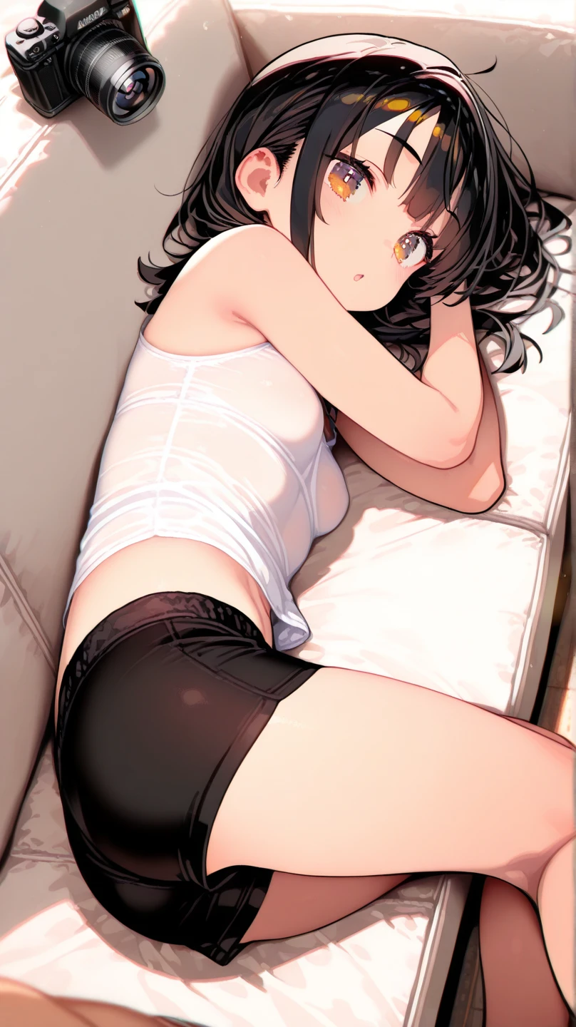 ((Medium Shot)), beautiful girl, very short brown hair, Wear a white long-sleeved T-shirt,White low rise bottoms, Perfect hands, Perfect body, Lying down with hips raised, barefoot, ,One knee is raised, we don't meet eye contact ,((Exquisite detail)), Very finely crafted fingers(((10 fingers))), , (Full-body showcase), (Show your whole body), (No logos on background), (No logo), ((Plain background)), ((Plain background)), (((Sky Background))).、barefoot、The camera frame is taken from below., legs spread,