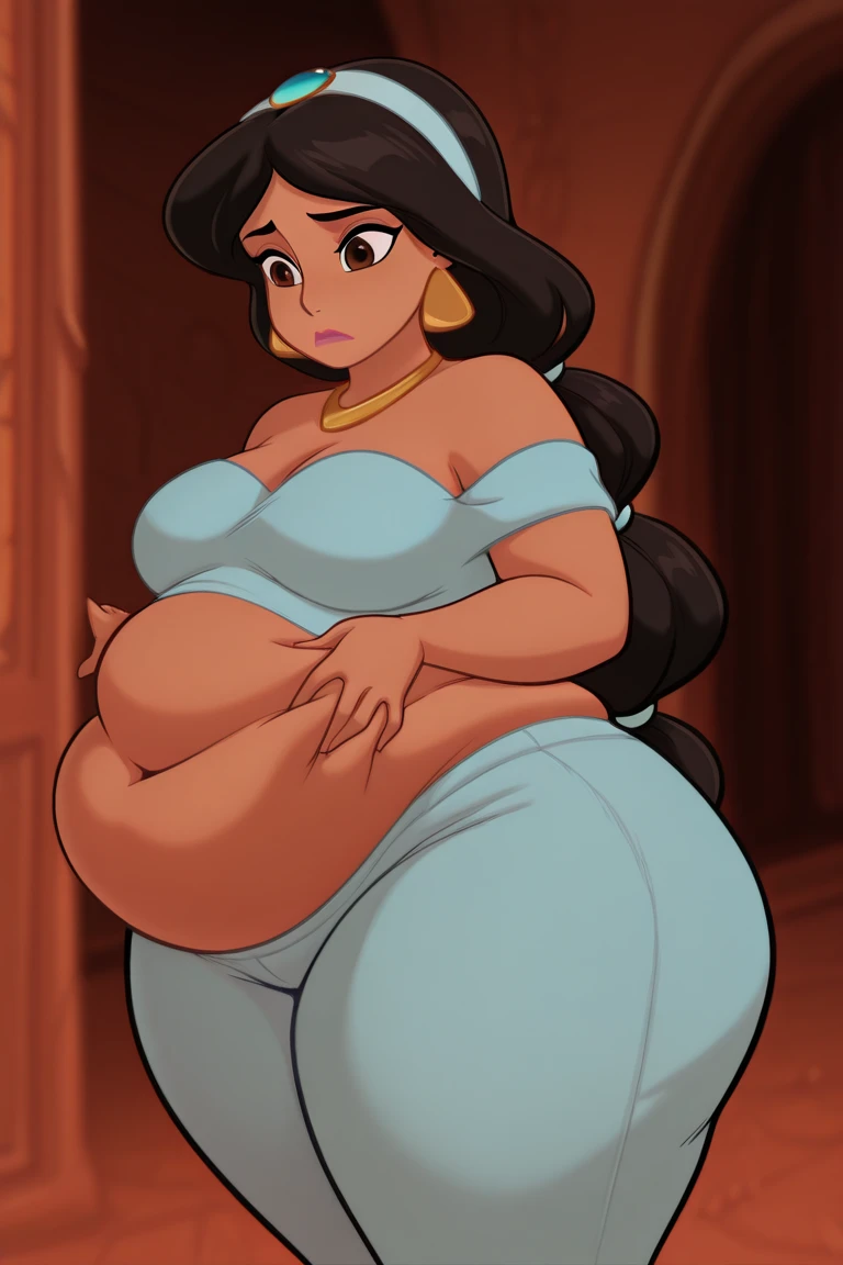 1 girl, sexy plump princess Jasmine, long hair, (bikini) , (double chin), overweight, (big pregnant belly), big breasts, frozen lake
