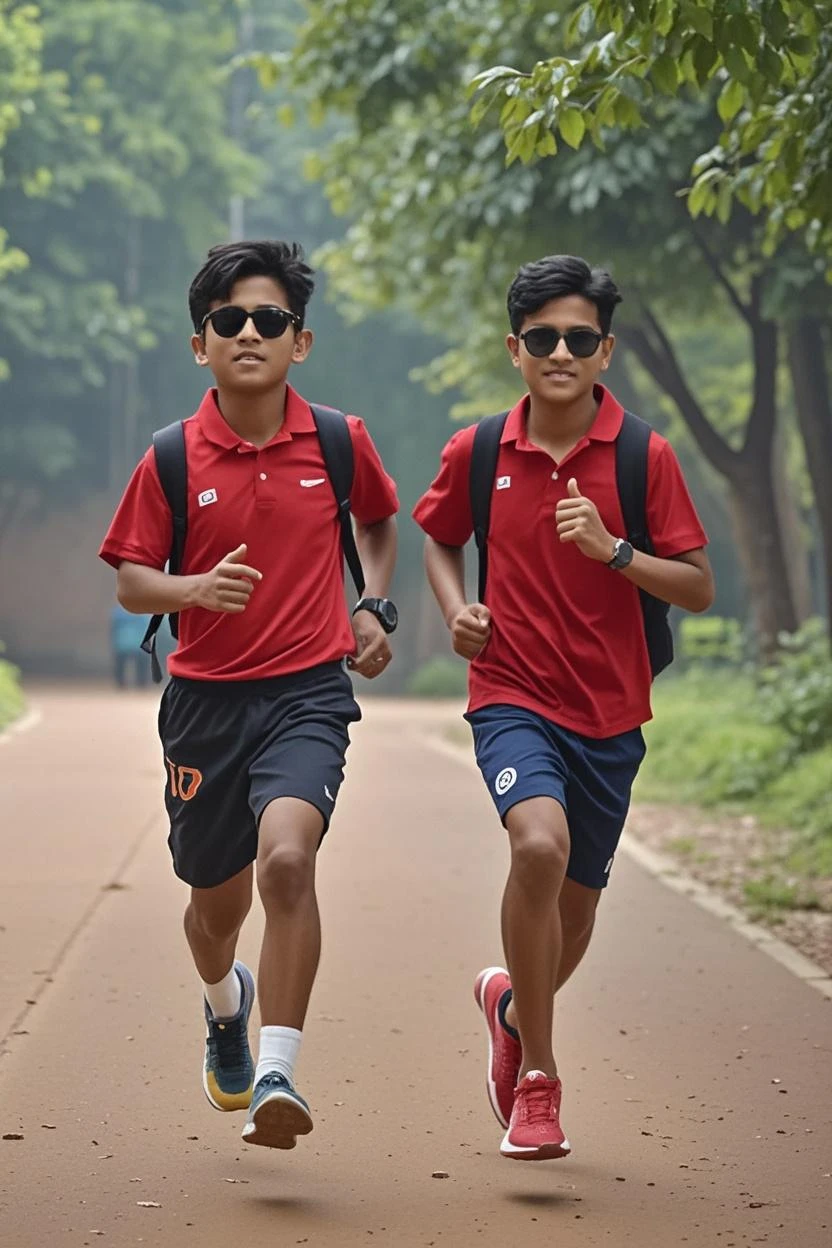 An indian younger brother and elder brother happily runnig out from the school