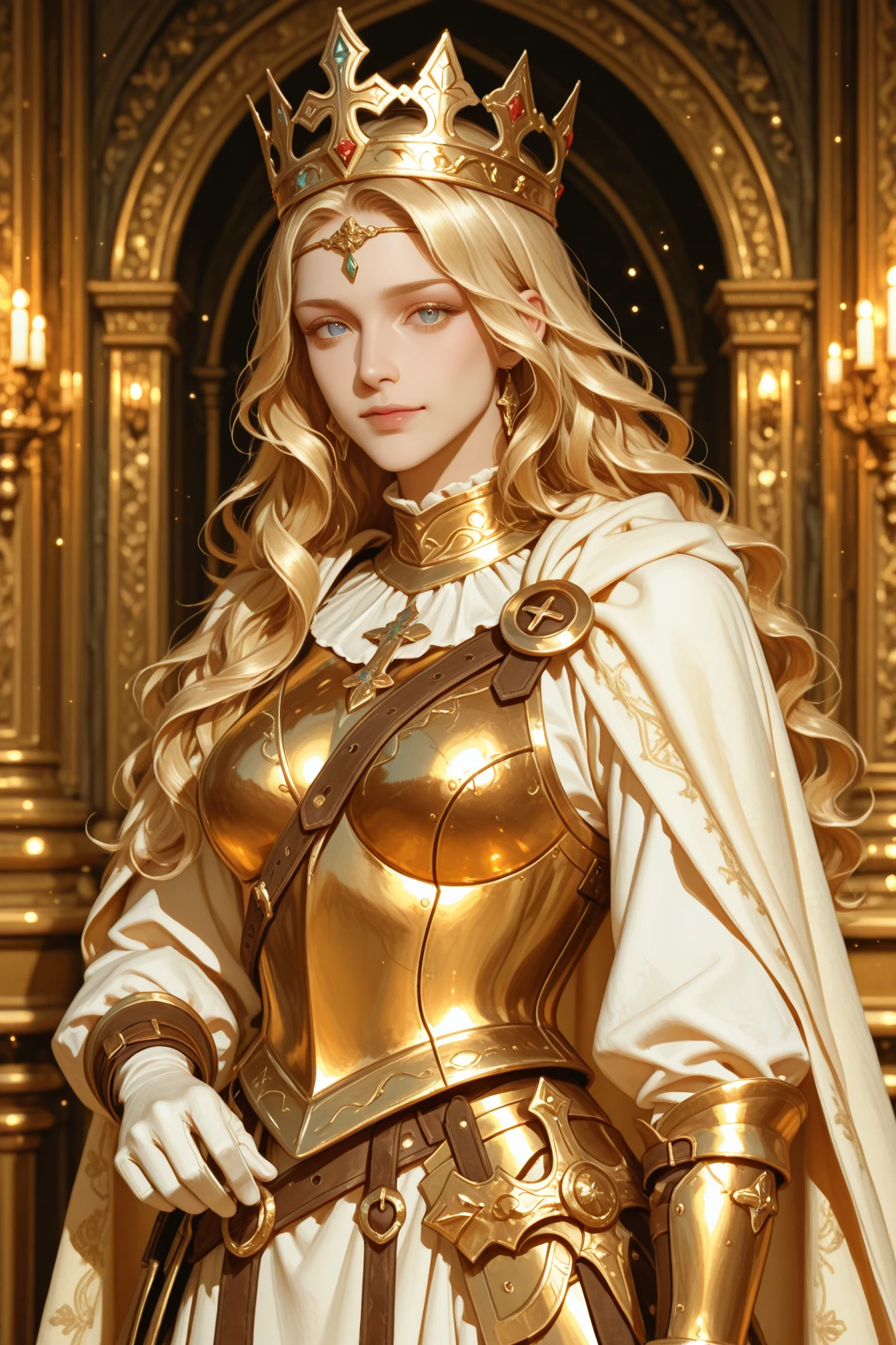 Golden hair wavy hair long hair, shining face, gold eyes, PRİNCESS, has a crown has normal size and is perfect