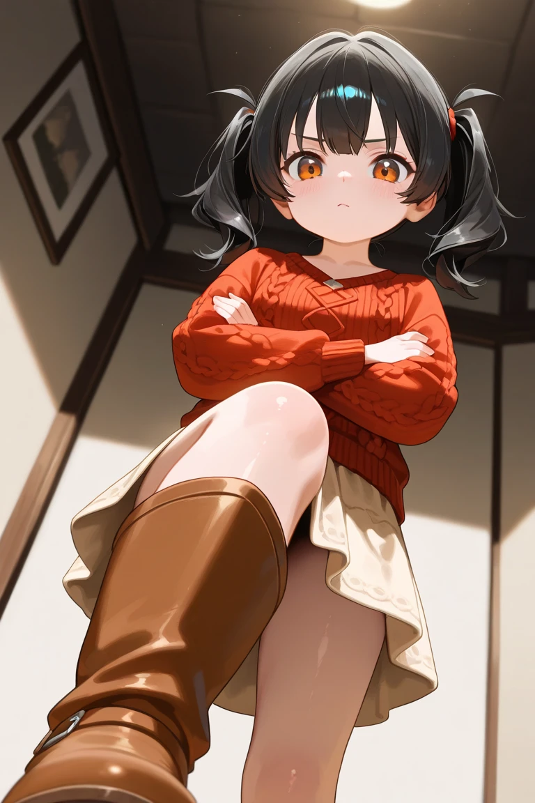 Anime, 1girl, brown hair, short hair, red eyes, green sweater, white shirt, brown shorts, red shoes, black tights, red knife, yellow flower crown, slight smile, snow,