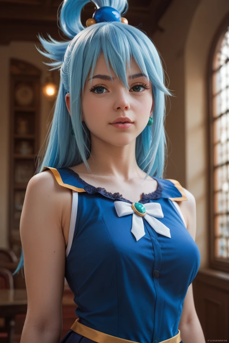 1girl, long blue hair, blue eyes, detailed face, white and blue sailor uniform, (full breast), fantasy magical girl, (best quality, highres, masterpiece:1.2), (realistic, photorealistic:1.3), vivid colors, cinematic, dramatic lighting, whimsical, ethereal, elegant, graceful, BREAK, gargoyle, stone carving, detailed line, super intricate details, perfect composition, medieval art, BREAK,