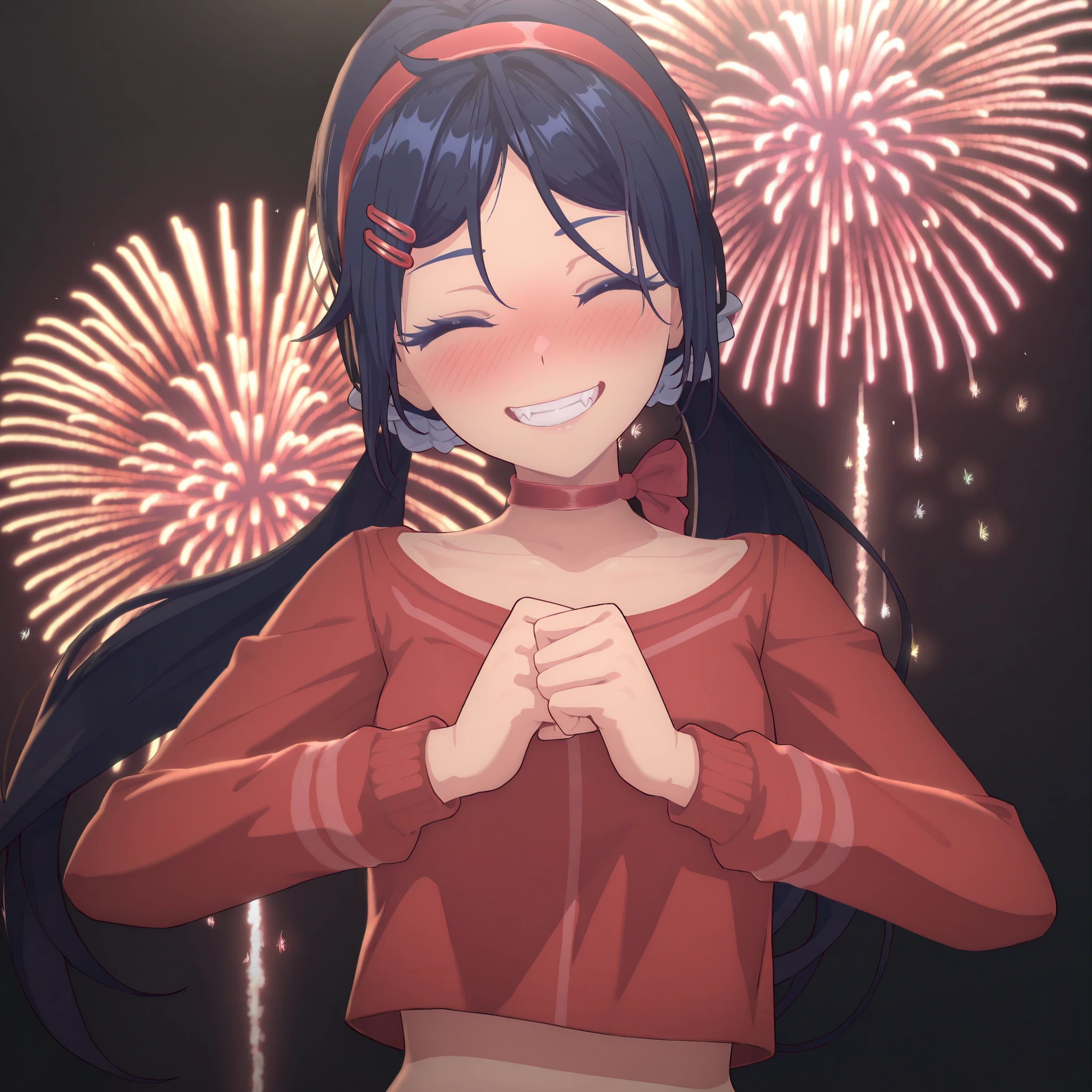 highres, hi res, best quality, masterpiece, 2d, intricate details, 4k, anime coloring, shadow, uncensored, eyelashes, nose, nose blush, long hair , dark blue hair, closed eyes, red hairband , red hairclips , hair ornament , twintails , parted bangs, red choker, ribbon choker, black background, red shirt, midriff, upper body, happy face, grin, hands in fists, five fingers , detailed, detailed fingers, accurate fingers, dynamic pose, fangs, hands side by side, fireworks , fireworks on background, Solo,