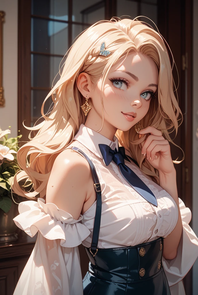 works, best quality, girl, long hair alternative, absurdly long hair, blonde hair, bow hair, aqua eyes, seductive smile, tongue, black eyes, longeyelashes, big breasts, mole on the chest, white shirt, short black skirt, shoes, pendant, hair ribbon, flower ribbon, hair_ribbon, hair_ribbon, hair_flower