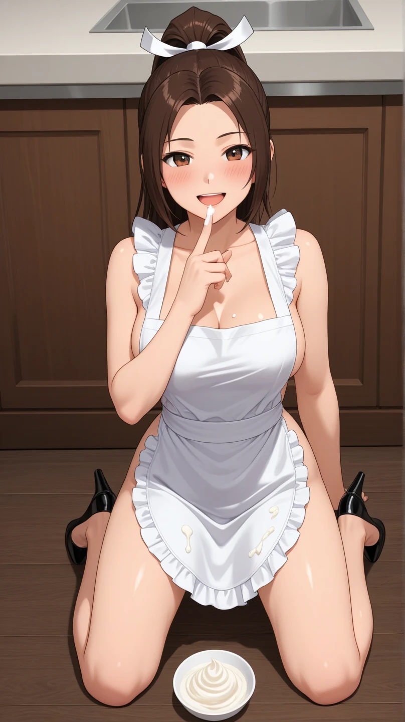 masterpiece, best quality, ultra high res, ultra-detailed, inside a kitchen, night, mamako, slut, solo, (brown hair, purple eyes, twintail hairstyle: 1.4), red lipstick, red eyeliner, (gigantic tits and giant cleavage: 1.4), hairy pubic hair, (naked with erotic white lace-trimmed apron, black fishnet tights, black high heels: 1.5), looking at the viewer, sexual alluring expression, moaning, pleasure face, horny, very erotic face, wet, (mamako is spreading her legs wide open on a kitchen counter and showing her exposed pussy squirting piss while looking at the viewer with a very pleasure face and sexual horny open mouth with tongue out: 1.6), (bottom close pussy photo: 1.5)