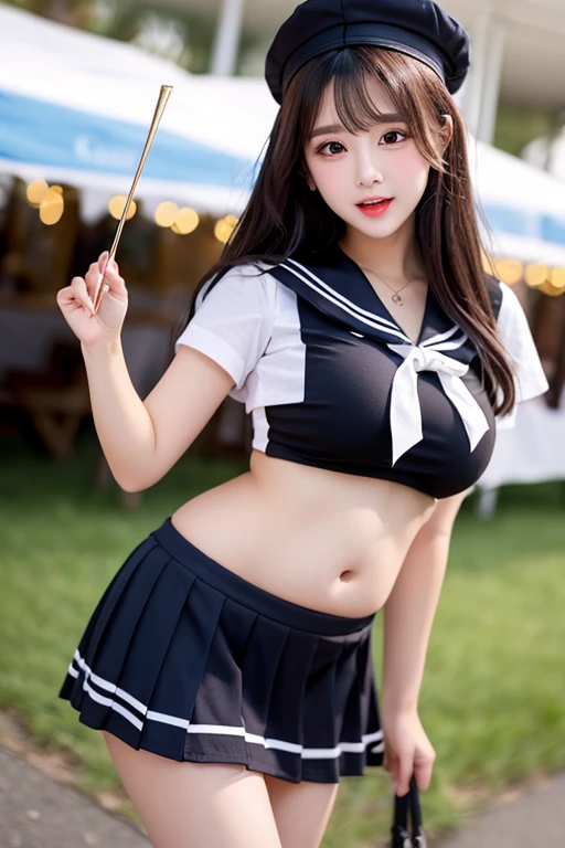 ((((highest quality))))、(((Ultra-high precision CG16K wallpaper)))、(((masterpiece)))、(((Super detailed)))、(((Super ultimate detail)))、1men and women、Mature Woman、25-year-old woman、((The Face of Japan))、((Very beautiful face))、((sasaki nozomi:1.5))、((Wave perm、Semi-long hair:1.3))、(Shiny Hair)、Bangs up to eyebrows、Beautiful brown hair、Beautiful and delicate eyes、Brown eyes、Please raise your eyebrows、High nose、Small nostrils、Seductive lips、Please open your mouth a little、Beautiful breasts、Big Breasts、Cleavage is visible through the shirt、Thin legs、Perfect balance、Perfect Anatomy、Perfect composition、Beautiful subtle shadows、Beautiful natural light、Beautiful details shine、Written boundary depth、(((High saturation)))、(((Realistic:1.9)))、((Vivid:1.4))、((Beautiful Skin))、((Skin Texture))、((Realistic texture))、(((Head to knee shot:1.5)))、((Front Angle:1.3))、((Laughter:1.3))、(The eyes that see me)、Bright sunlight、(((A walk in the park:1.3)))、(Blur the background)、(((Japan people in uniform、Wear a sailor uniform:1.5、the navel sticks out、Short skirt, Small panties are visible)))、((Two Arms))、