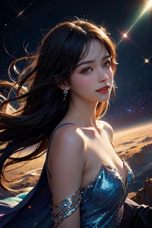 ((space, Distant stars), (Fantastic image, very beautiful - space girl), (1 girl; 1.3), (Face. figure))). ((Graceful forms. Graceful girl). (high quality), (stylization - animation, realism). (Dark cool colors mixed with warm shades). (angel girl), (photorealistic, Cinematic picture), (high detail, complete black hole, 8K. dynamic expressive image)). ((Very detailed eyes and face))), Beautiful detailed eyes. masterpiece, Best quality, full length portrait, amazing beauty, dynamic pose, нежное Face, and bright eyes)). ((She wears transparent, semi-sheer dress, emphasizing a slim figure). (She's an angel, descended into the underworld. She's a savior, light in the dark kingdom, radiating a soft glow. High detail, Other worlds, light of distant stars), (detail, high quality), (Muffled light, dark environments - the spooky cinematic setting is great)). ((Girl with white skin, realistic detailed skin, clear focus, volumetric mist near the floor, 8K, UHD, SLR camera, high quality, granularity. photorealism, lomography, fantastic dark art, Utopian reality)). ((готическое Face, gothic horror atmosphere, зловещая gothic aesthetics), (gothic art style, creepy gothic portrait, dark fantasy, mixed with realism, gothic aesthetics)).((Realistic black leather)).