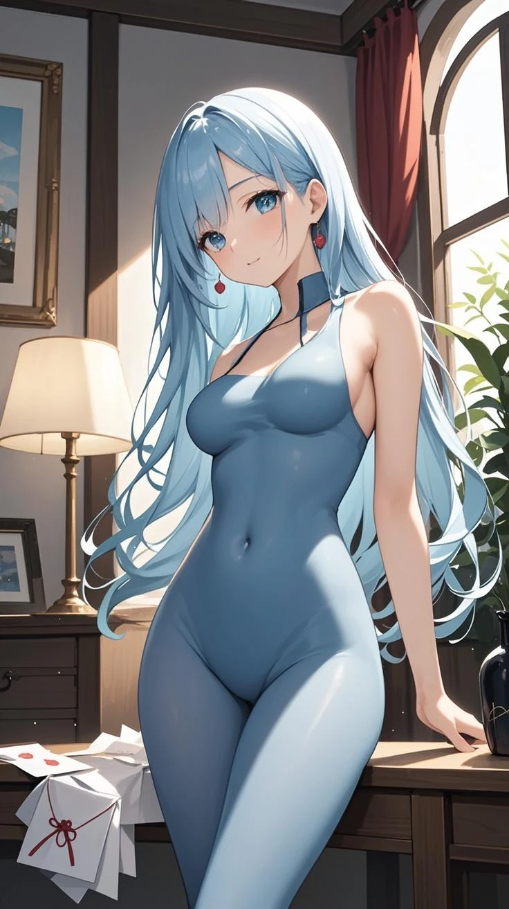 Top quality, very delicate and beautiful, early twenties, cool beauty, (alone), ((blue hair)), long hair to the waist, white high-leg swimsuit, blue eyes, standing, smile,