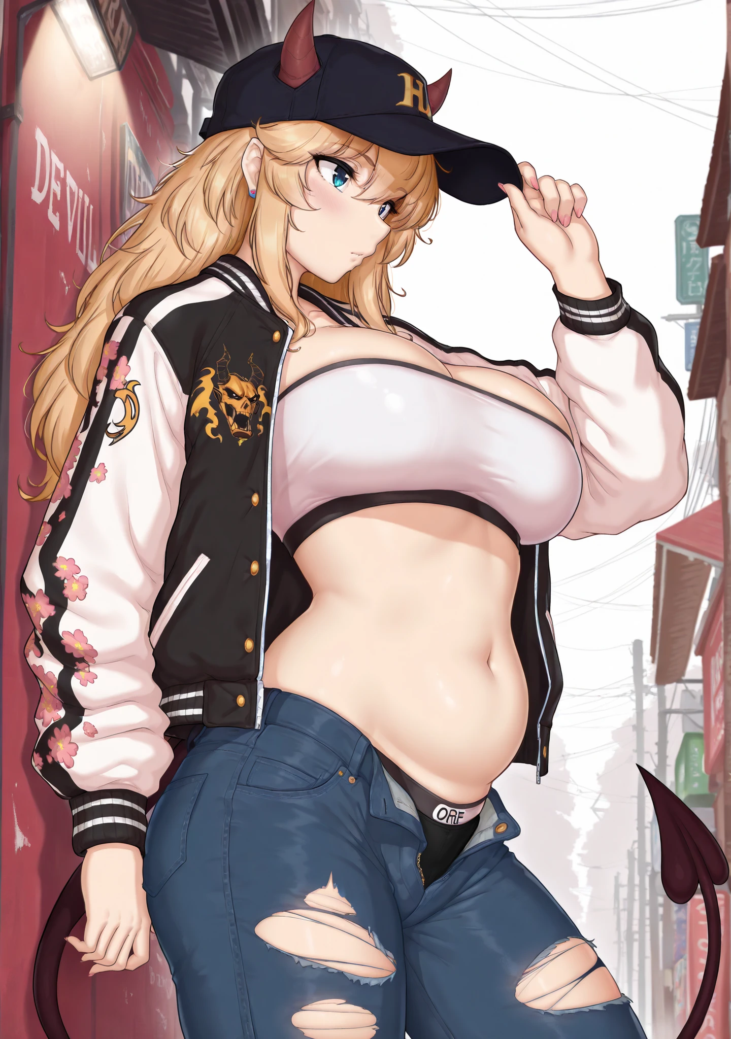 Anime illustration、highest quality、Plump blonde gal high school girl、Shopping Street、Sweaty、first round、Belly button piercing、Perfect proportions、Clear skies、overwhelmingly big breasts、very thick thighs、Beautiful, shining eyes、Cowboy Shot、smile、Noise Reduction