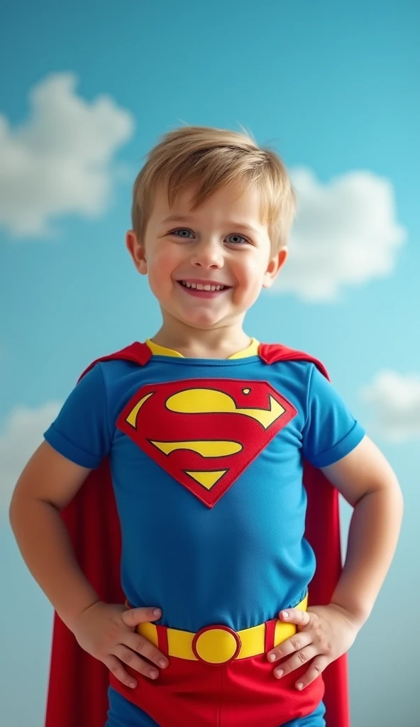 Superman live action (Nice Boy Scout Personality),Homemade costume in medium blue normal fabric,Red shorts over the blue suit