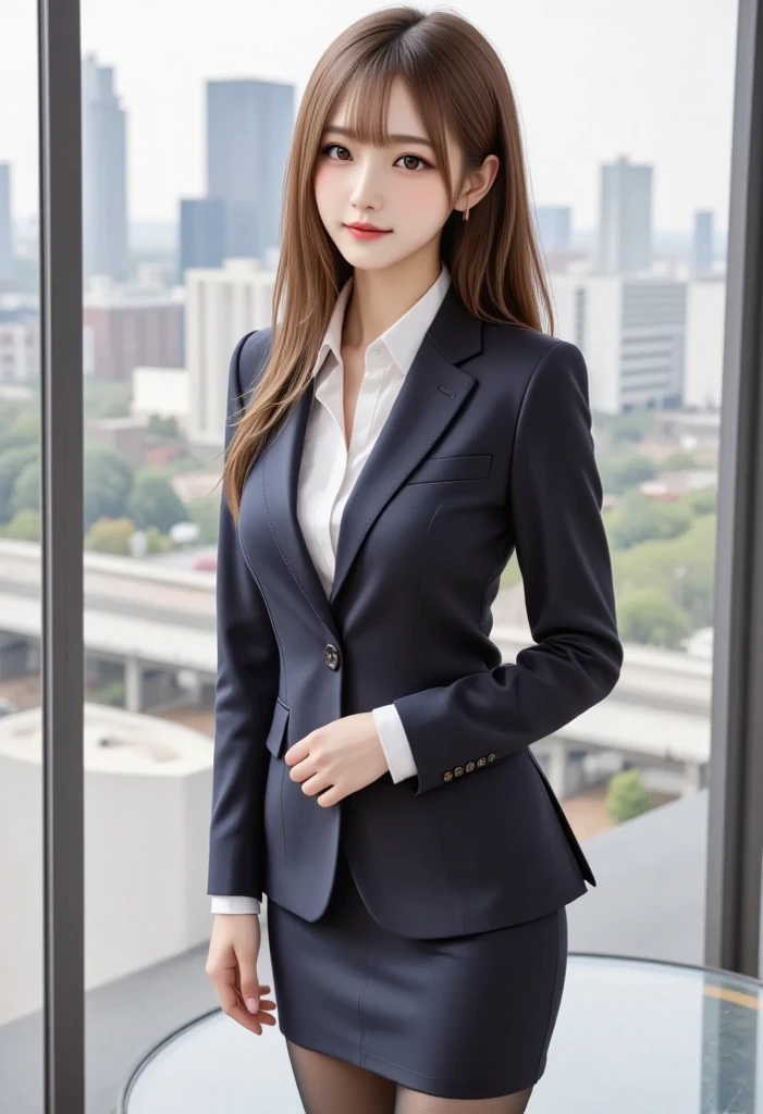 masutepiece, Best Quality, Illustration, Ultra-detailed, finely detail, hight resolution, 8K Wallpaper, Perfect dynamic composition, Beautiful detailed eyes, Business suits,Mini skirt、Medium Hair, Colossal tits:1.2, Natural Color Lip, Sit on a chair and cross your legs,Smile、25 year old girl