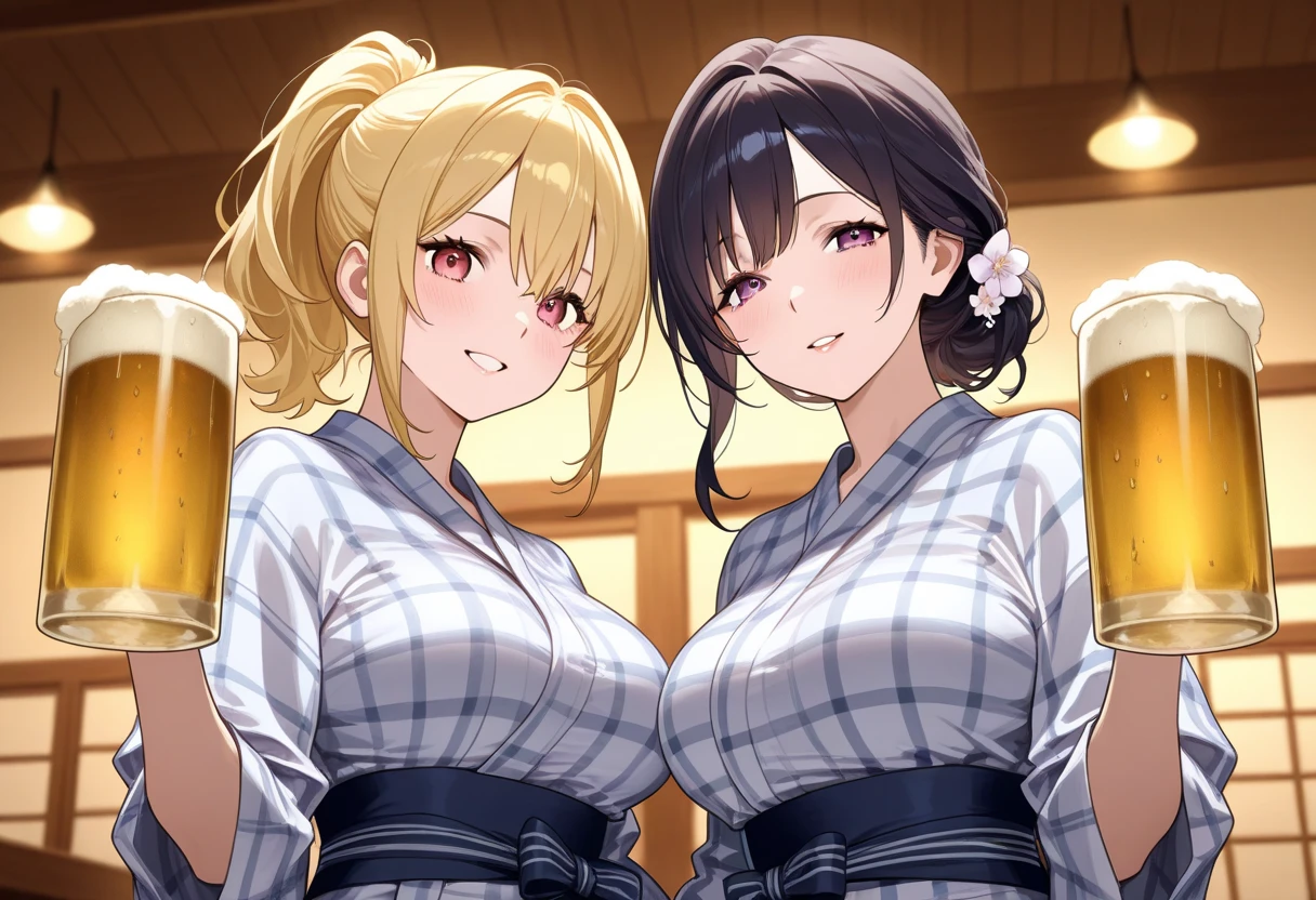 2girl,bare breast,Yukata Clothes,huge breast,(bare breasts),smile,Sister,Enhance the nipples