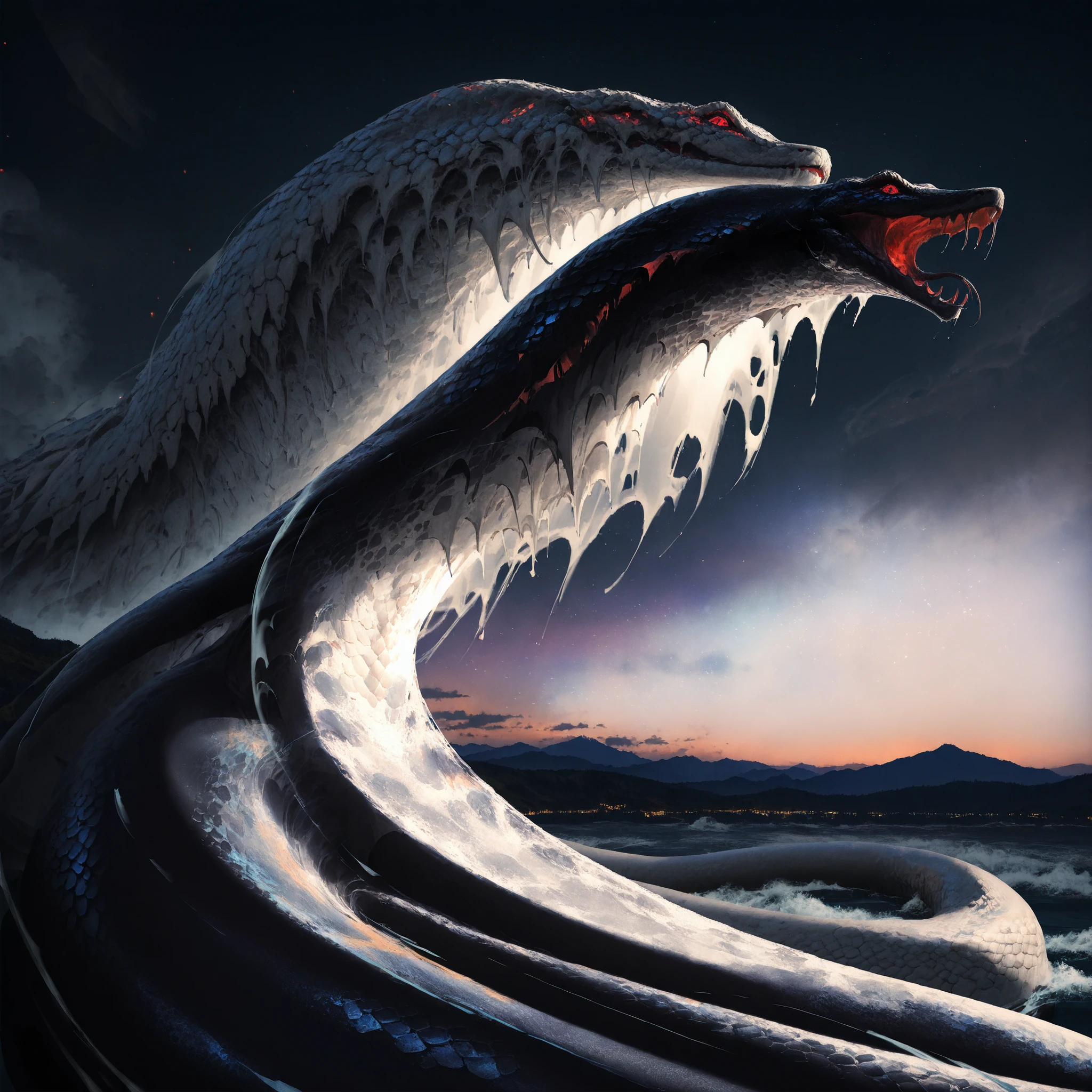 artist: wlop, masterpiece, best quality, illustration, fantasy monster , white sea serpent, white skin, red eyes, snake body, snake, sea snake, fantasy, detailed, lighting, colorful, Realistic Shadows, epic, highly detailed, illustration style background, cinematic background, cinematic lighting, detailed eyes, Official Art, high resolution, cinematic, perspective, blue and gray tones, scenery background, 8k, night sky, landscape, (official art), (scenography), (the Extremely Detailed CG Unity 8K Wallpapers),detailxl, SoulFightersStyle-IL.V1.0, SoulFightersStyleSplashArt-IL.V1.0, simplistic style, swirling sky,