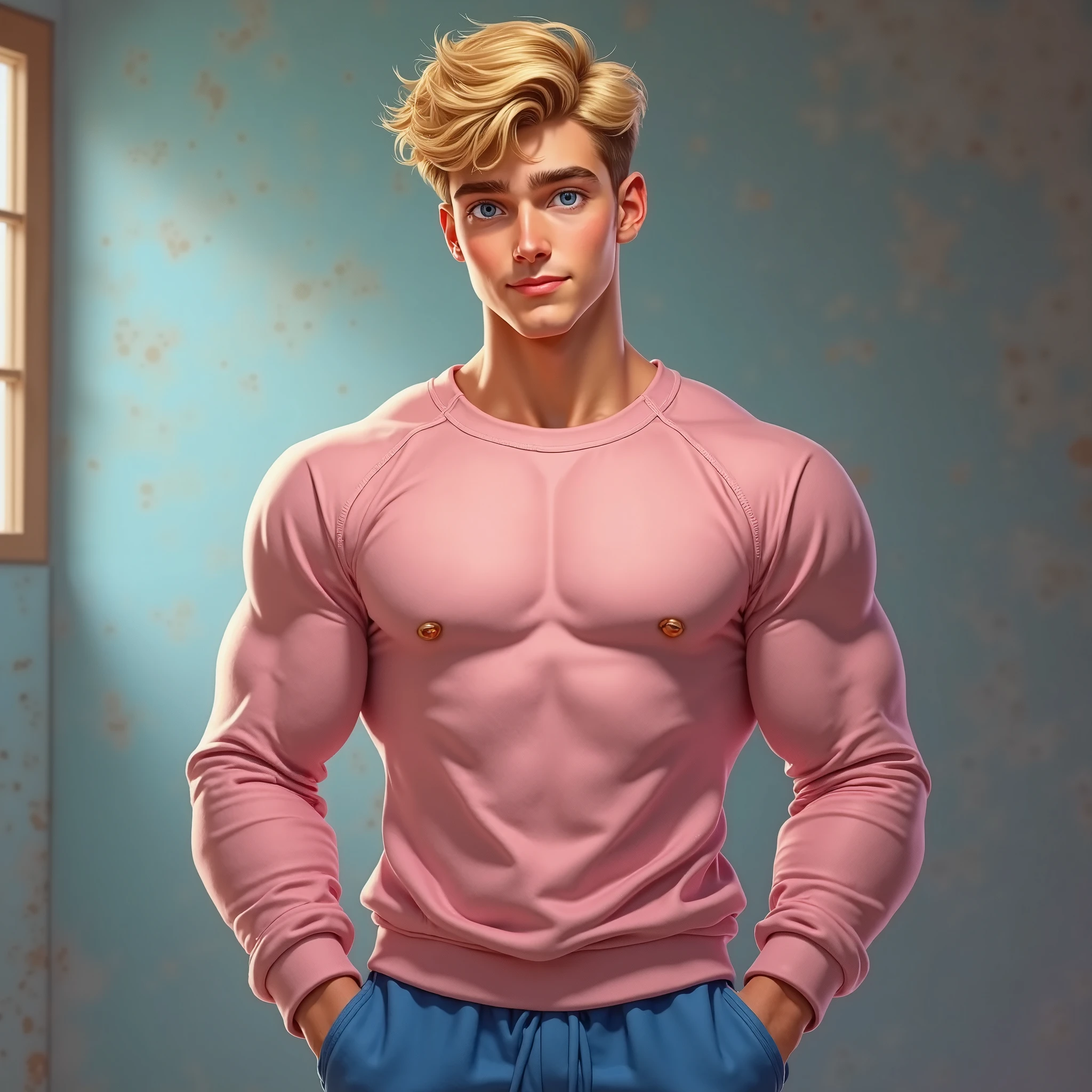 illustration, wide angle shot , A 1 man naked man in new york sitting on a chair with his legs extended, wearing a sailor’s beret. Behind him, sailor pants, a sailor shirt, socks, and underwear are drying. he is the most handsome man ever seen, He has a mischievous expression on his face. slender_fitness_toned_detailed_body, blond_hair, large_green_eyes, oval_face,thin_lips, square chin, straight_nose, smiling, shaved, In the background, there is a wall, and behind the wall, a large building, oil painting,