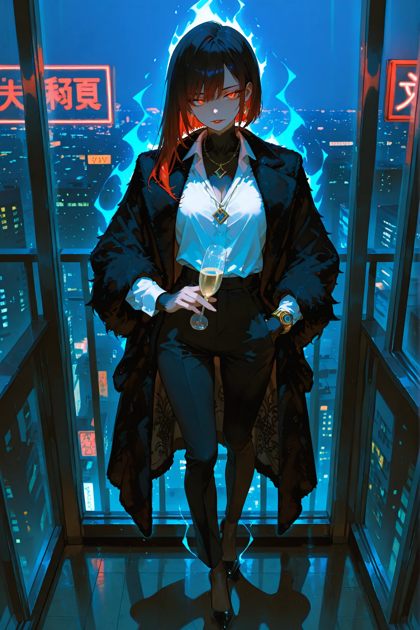 Masterpiece、anime style、best quality、high resolution、4k, Female CEO of a business empire,30 years old,Cool and domineering,A stern look,Crimson lips,Long hair with rounded or neat short hair,Wearing a perfectly tailored black suit(Black mink fur shawl coat), Deep V white shirt inside, diamond necklace +Platinum watch, High heels stepping in front of the floor-to-ceiling window in the office,Overlooking the city at night, One hand in pocket, Champagne glass in the other hand,Behind it is a panoramic glass window showing neon lights,Cold-toned light and shadow, Strong woman's aura is fully open, Fashion photography texture