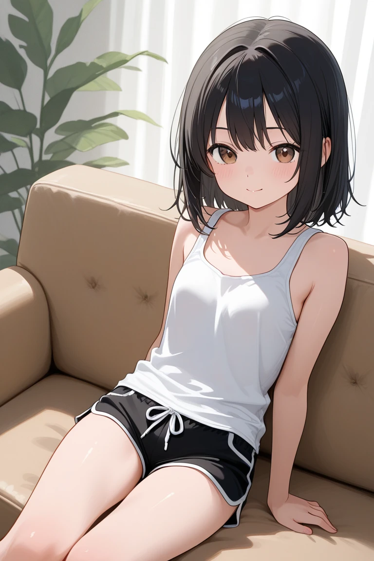 Masterpiece, girl, solo, hair tied up, (black hair with white highlights:1.5), dark purple eyes, tiny boobs, small boobs, pointy breasts, [pink panties], shirt, oversized shirt, baggy shirt, shirt shaping breasts, shirt covering panties, [nipple], modern house, (living room), couch, sitting on the couch, front, holding cup of coffee, smelling cup of coffee, eyes closed, smiling, relaxing, calm and comfortable girl at home, lewd image, vulgar image,