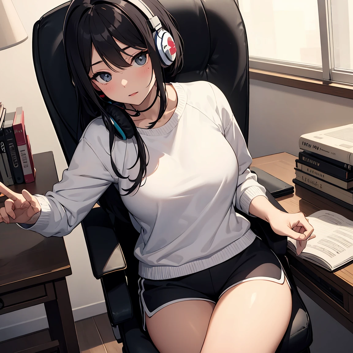 masterpiece, highest quality, 1 girl, solo exia def, black hair,headphones, choker, off shoulder, (Big T-shirt:1.3),too big,length,(nipple slip from), clavicle, bottomless,(white panties:1.3),(sit on a gaming chair:1.5),cowboy shot,(holding a game controller),open_legs,groin,solo,thighs,solo